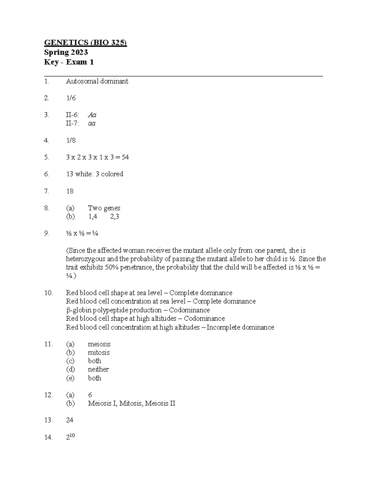 Key Exam 1 Spring 2023 Genetics Bio 325 Spring 2023 Key Exam