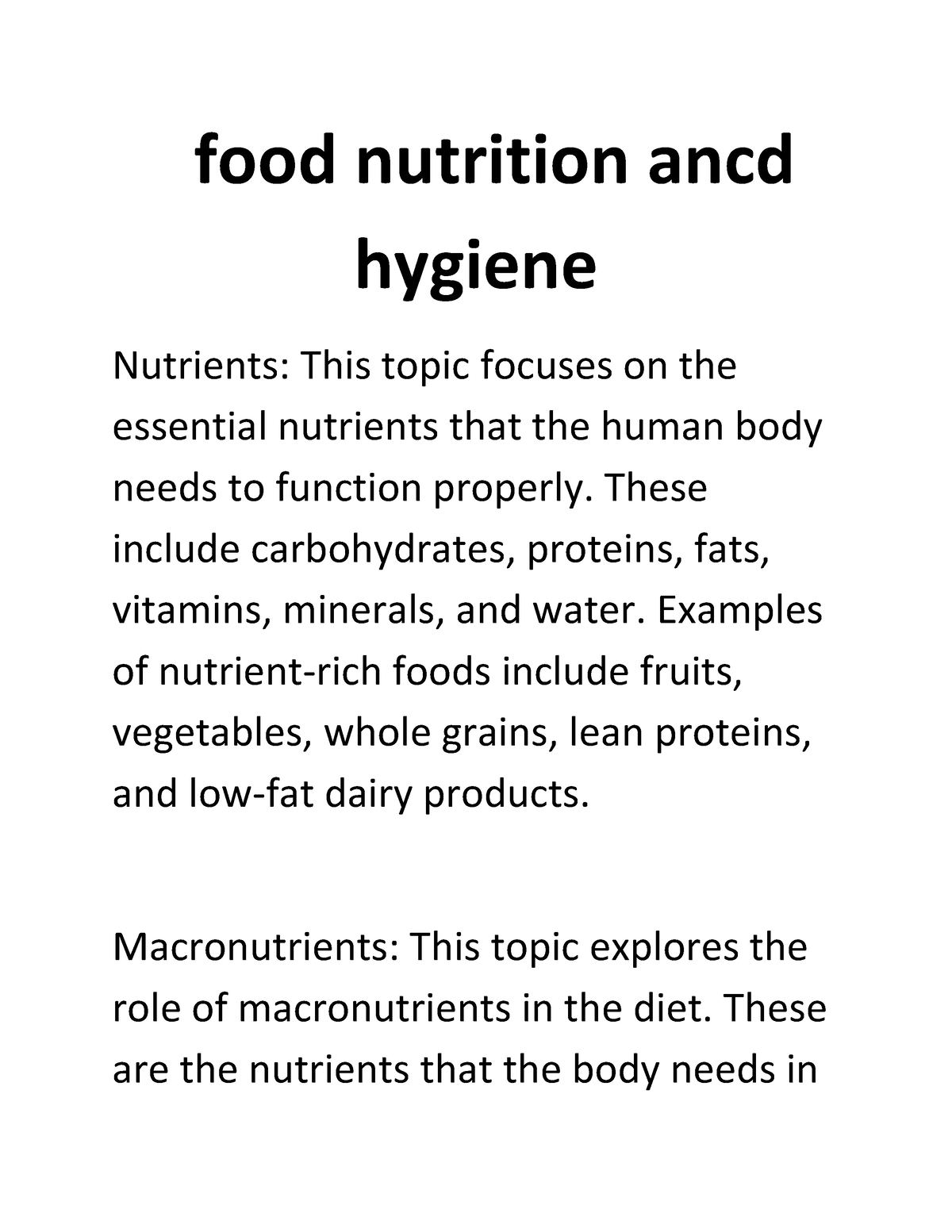 Food Nutrition And Hygiene Part 1 - Food Nutrition Ancd Hygiene ...