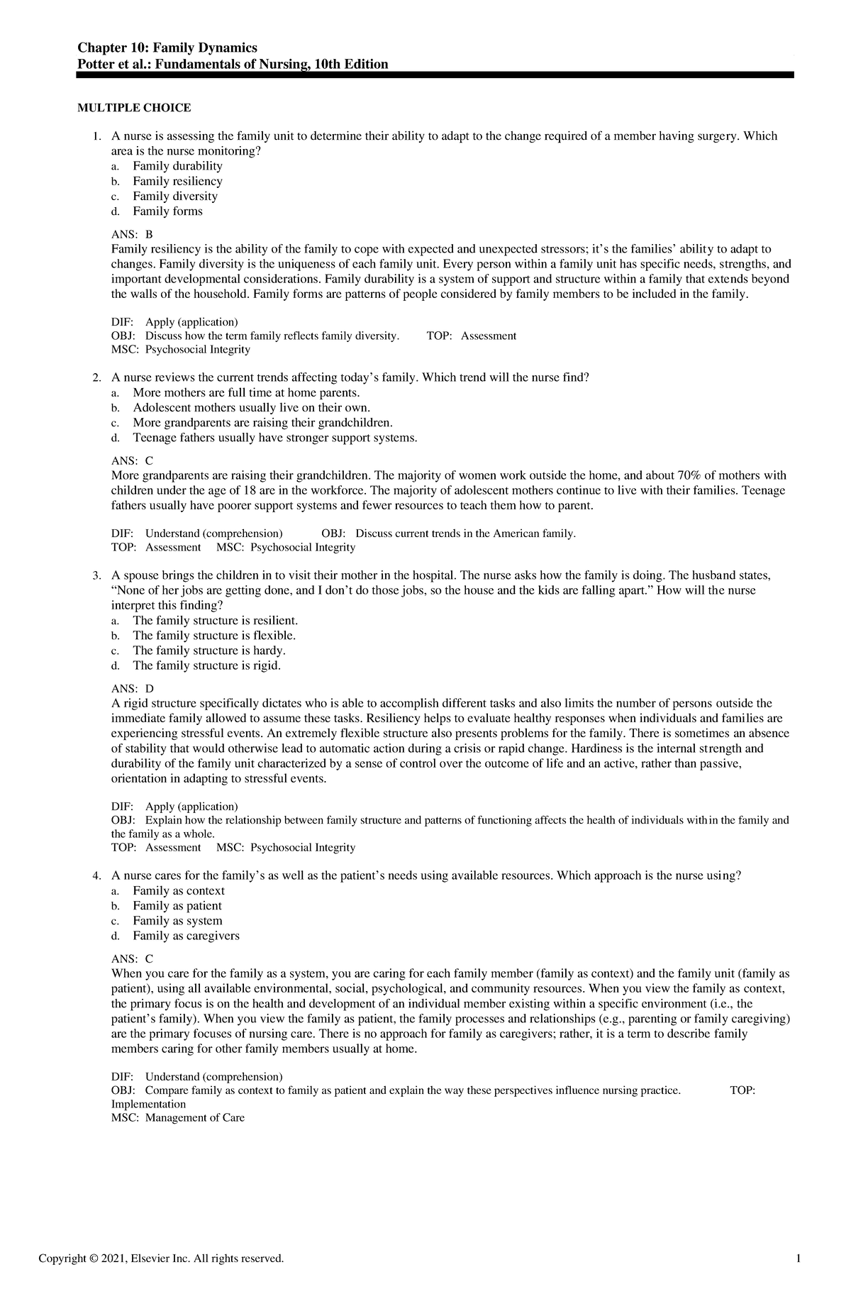 Exam View - Chapter 10 - Fundamentals of Nursing - Chapter 10: Family ...