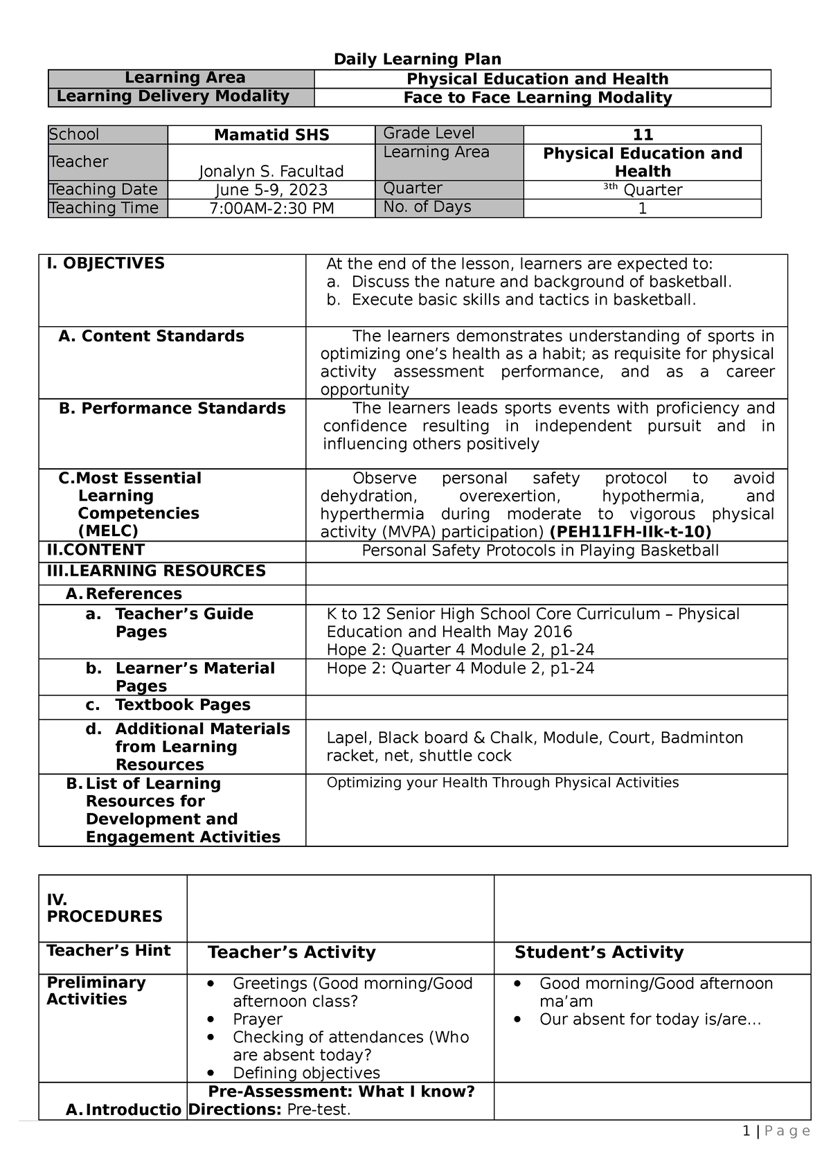 Dlp-pe-11 Week 5 - Physical Education Subject - Daily Learning Plan 