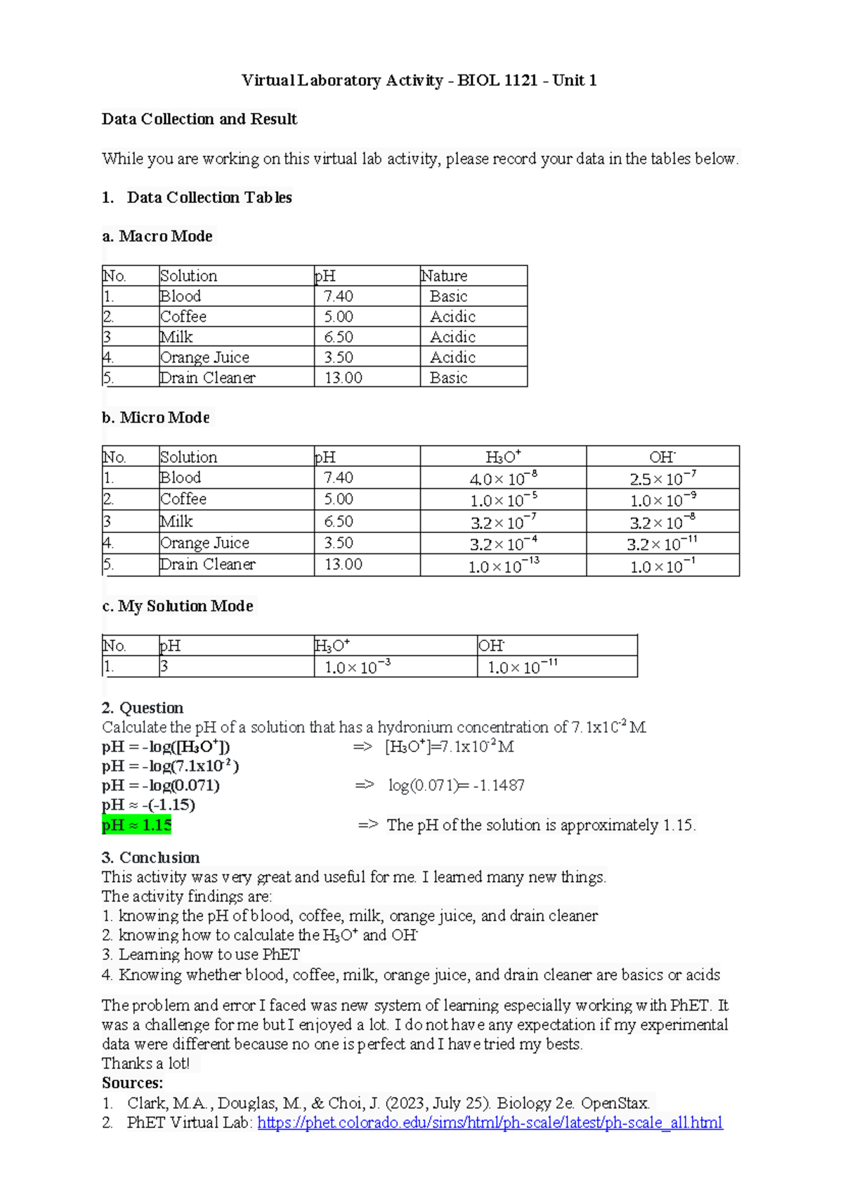Experiment 1 data collection and result virtual laboratory activity