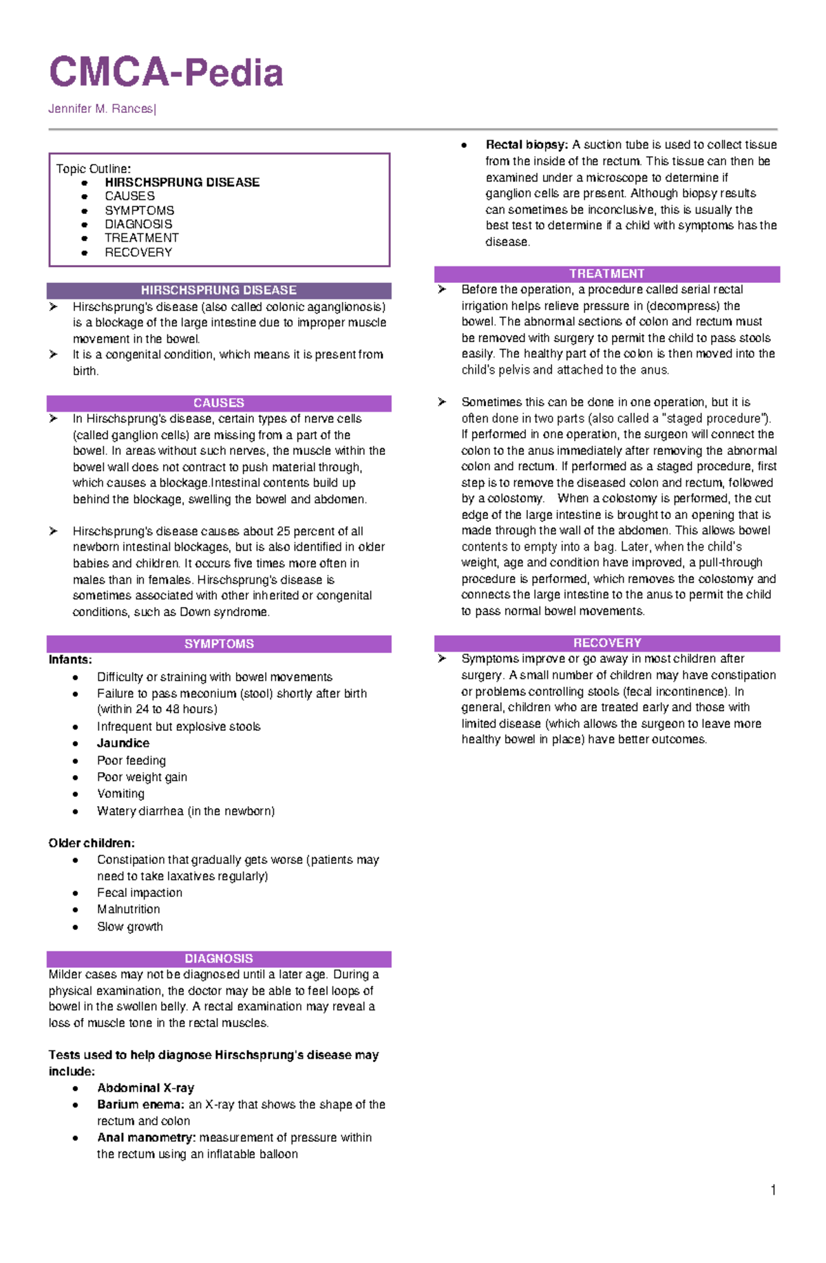 Pedia Hirschsprung Disease - CMCA-Pedia Jennifer M. Rances| 1 Topic ...