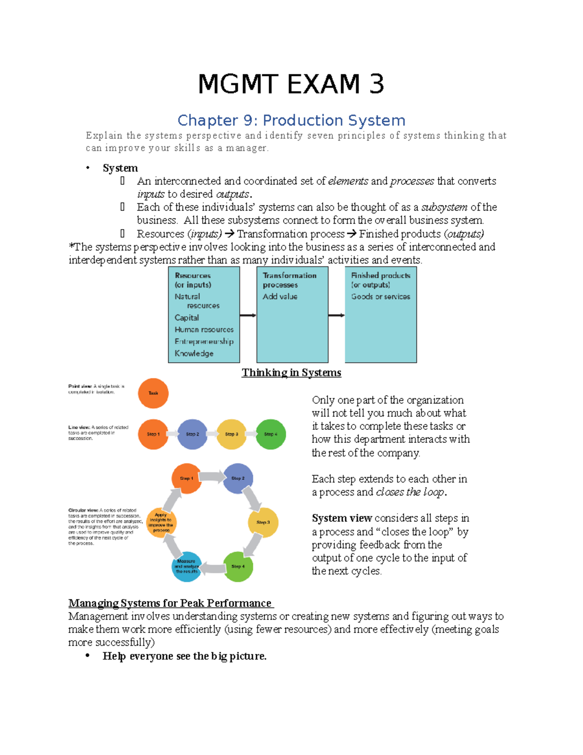 MGMT EXAM 3 - Review Exam 3 - MGMT EXAM 3 Chapter 9: Production System ...