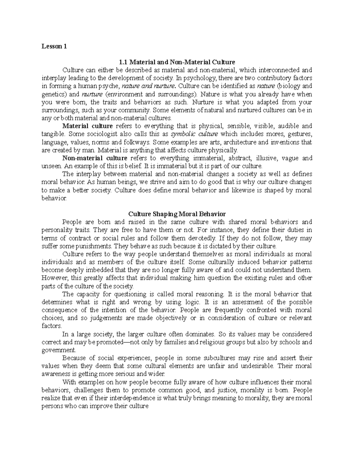 Lesson 1.1 Culture IN Moral Behavior Lesson 1 1 Material and Non
