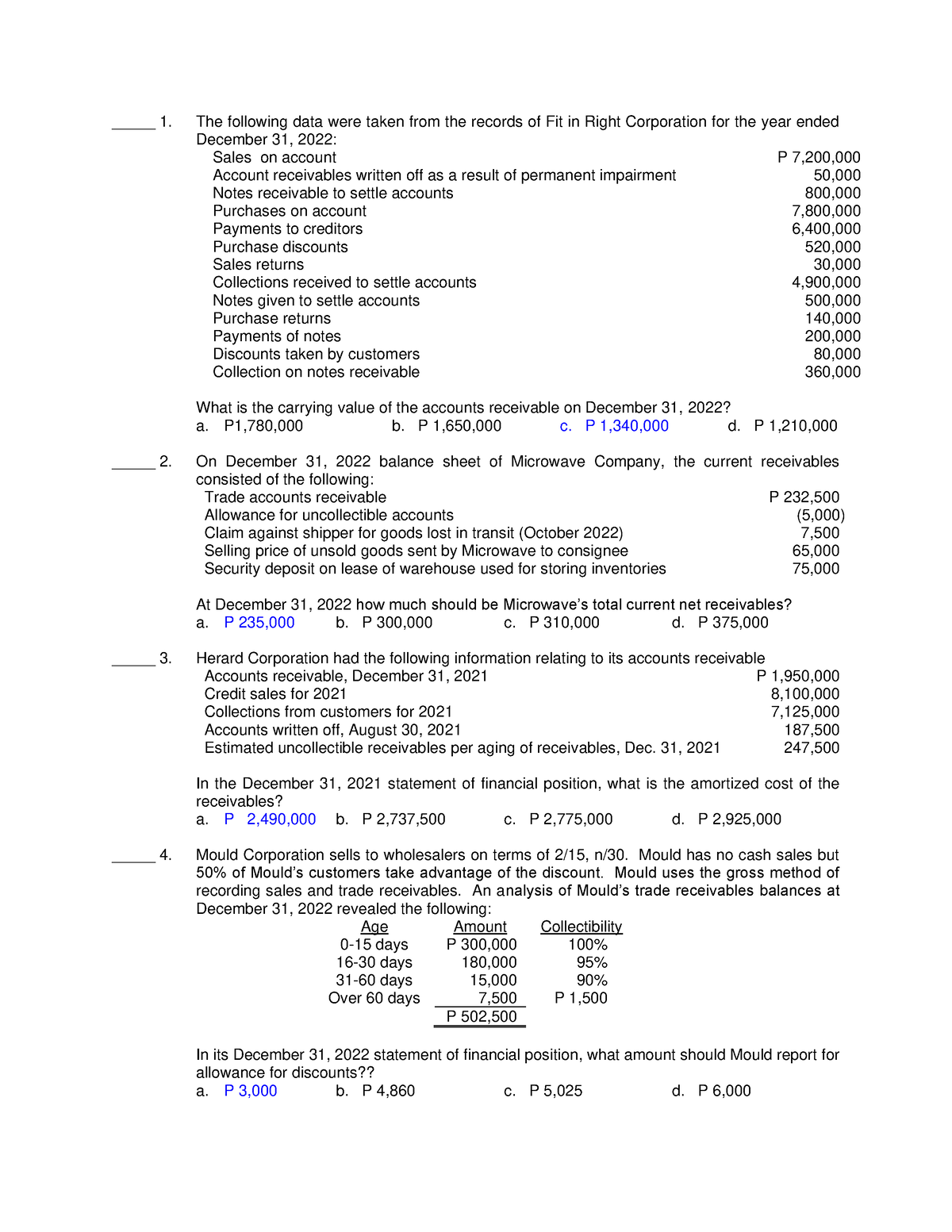 ACCO 102 Practice MC Problems - Receivables - _____ 1. The following ...