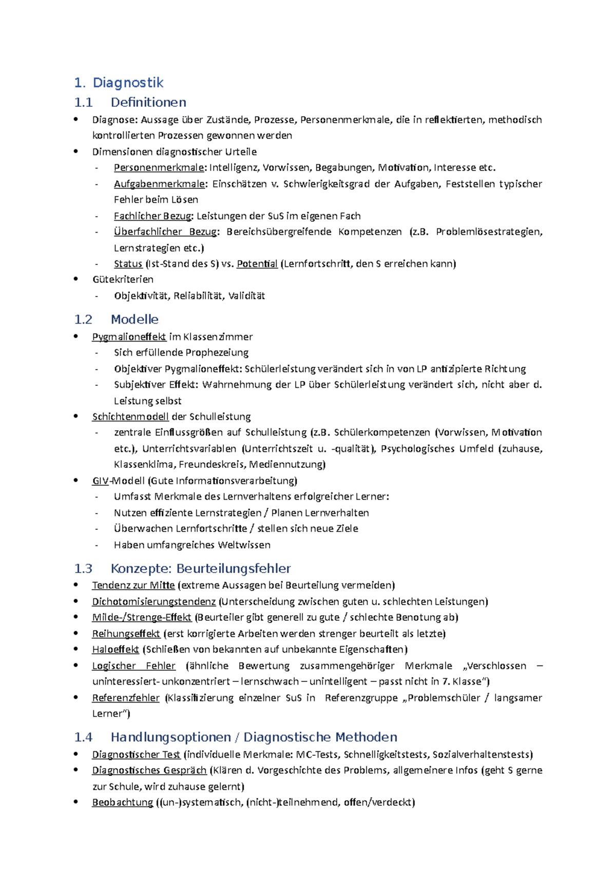 Zusammenfassung L5 Päd.Psych - 1. Diagnostik 1 Definitionen Diagnose ...
