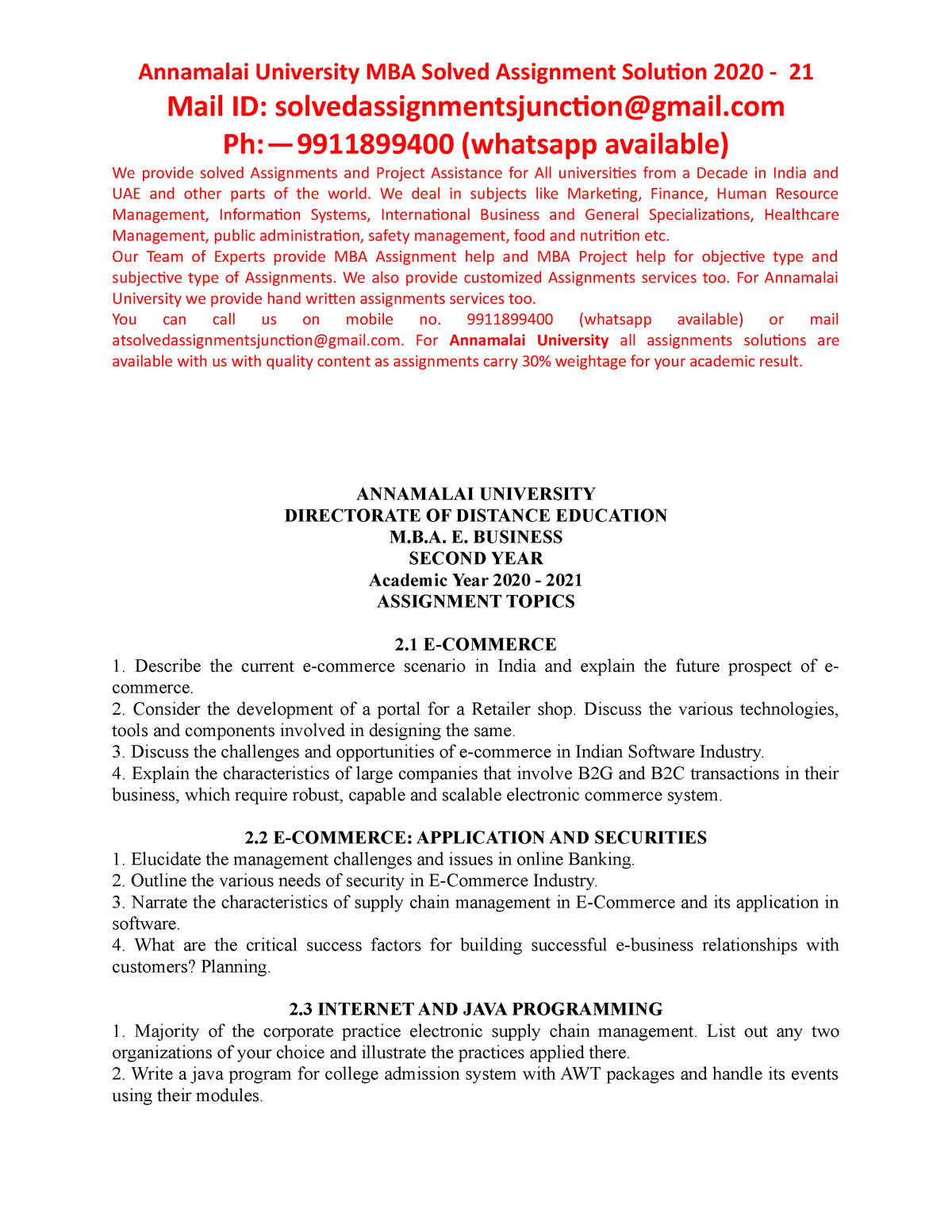 annamalai university mba 2nd year assignment