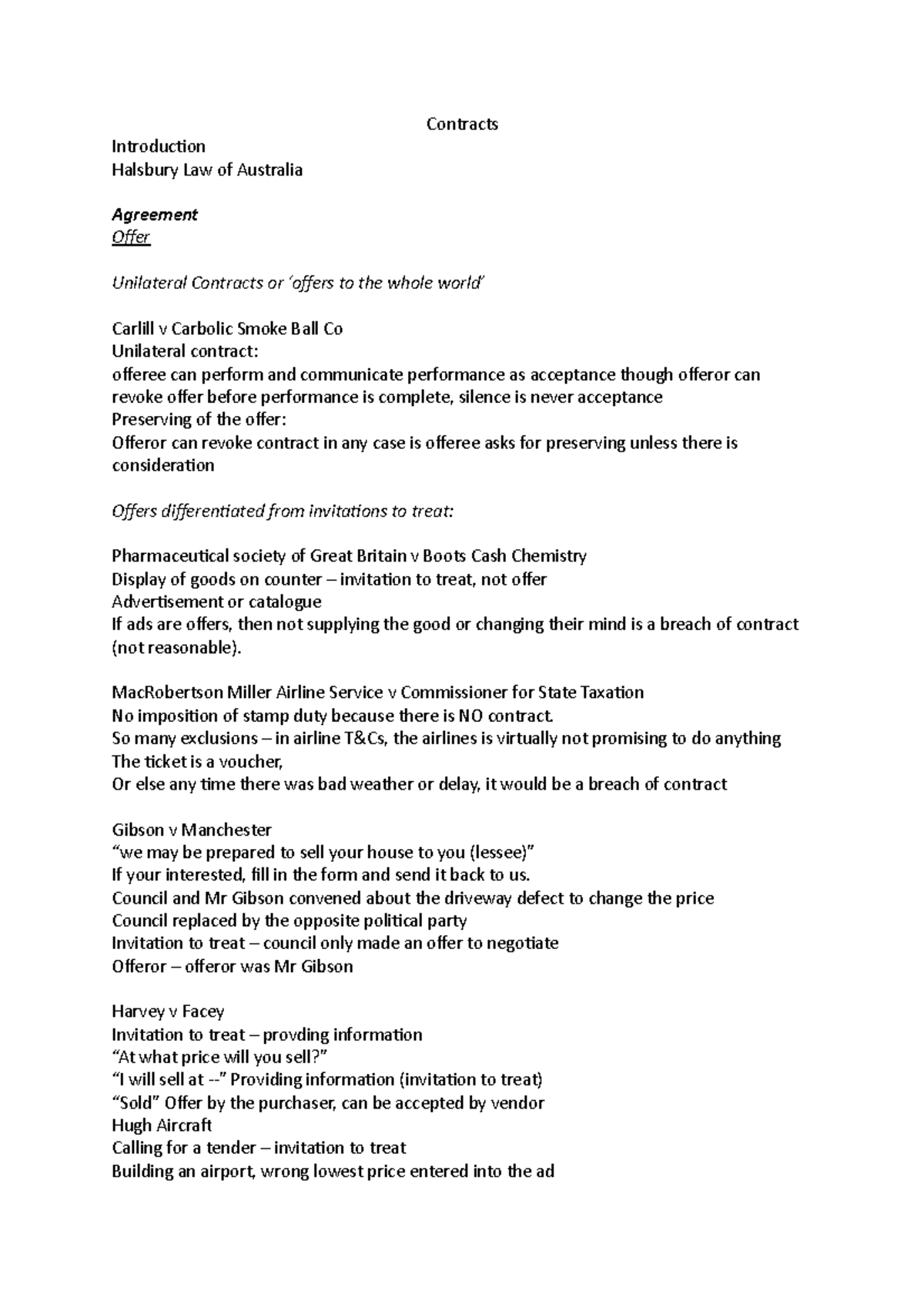 Contract notes - Contracts Introduction Halsbury Law of Australia ...