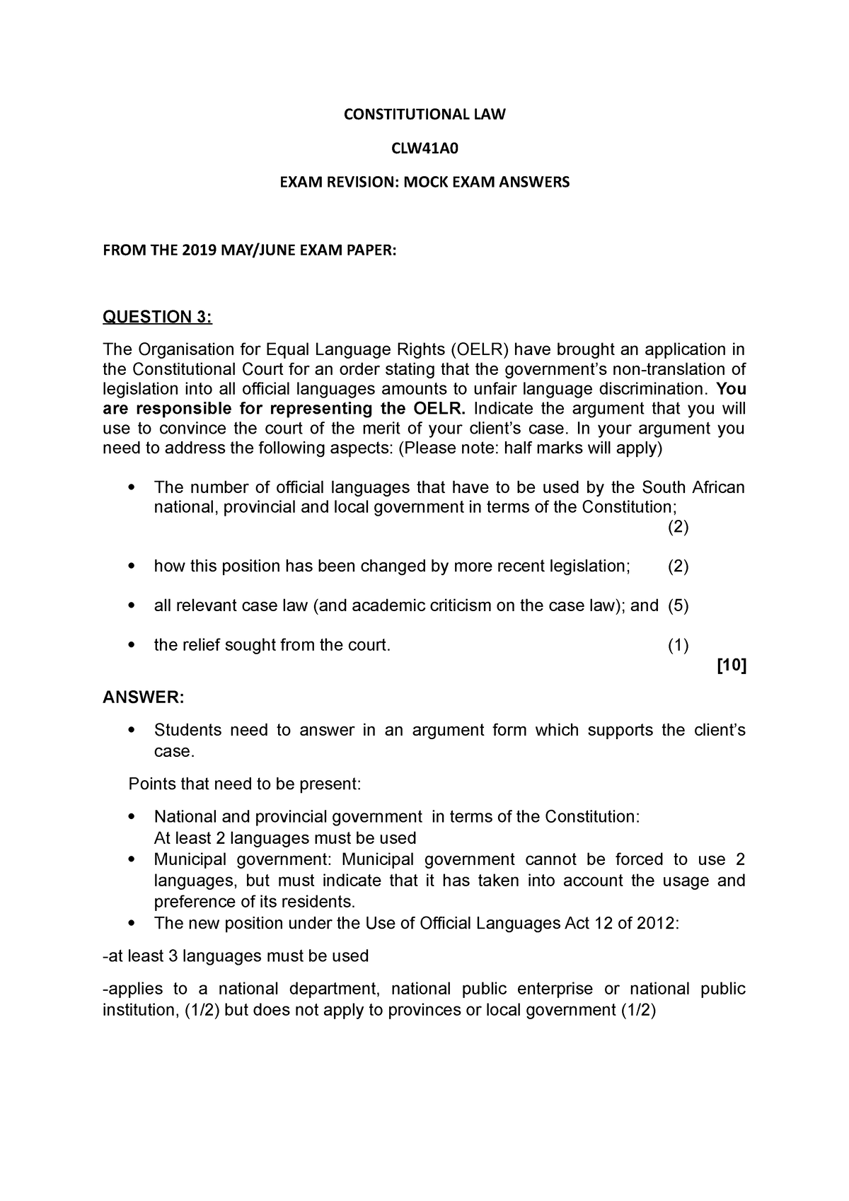 Constitutional LAW EXAM Revision MOCK EXAM Answers - CONSTITUTIONAL LAW ...