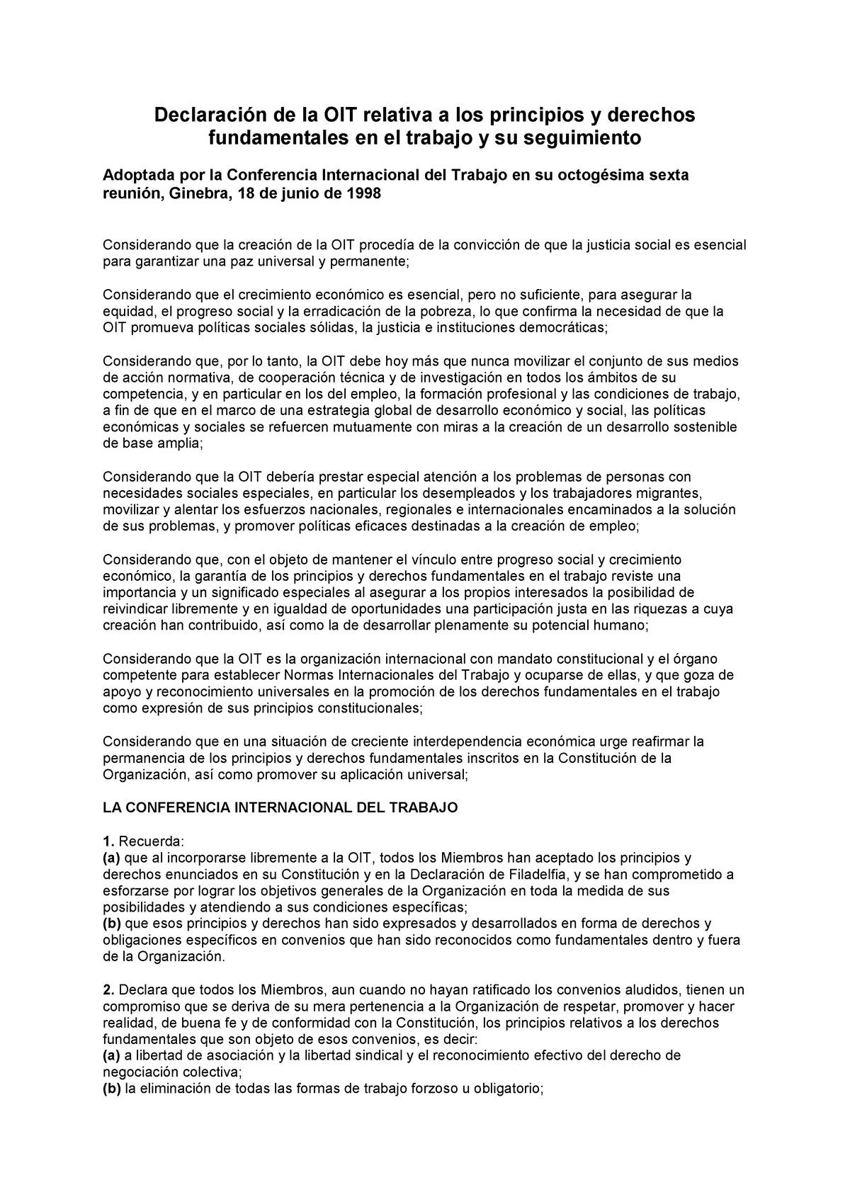 Declaracion De La Oit Relativa A Los Principios Y Derechos ...