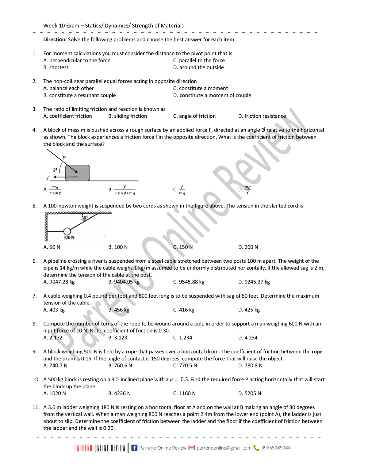 Week 10 Exam Exam Direction Solve The Following Problems And