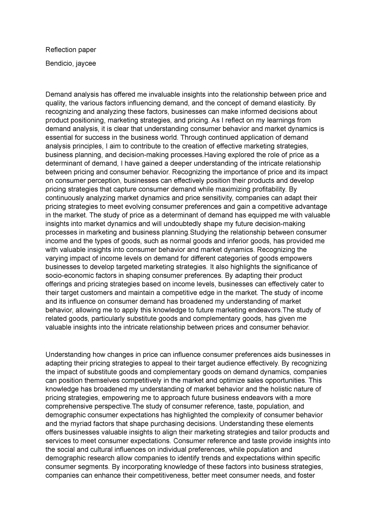 Document - Essay - Reflection paper Bendicio, jaycee Demand analysis ...