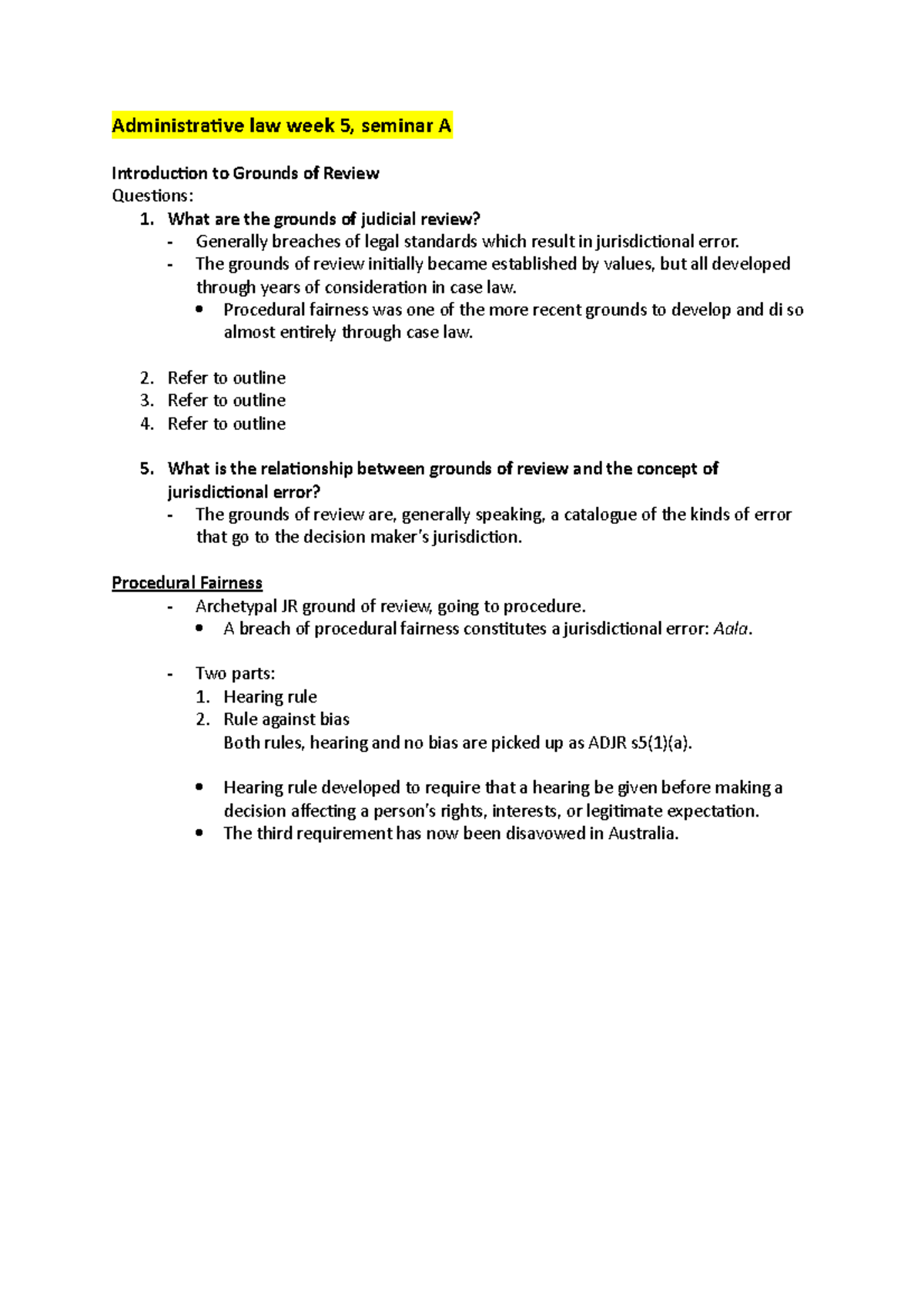 Week 5 notes - Week 1-12 Seminar Notes - Administrative law week 5 ...