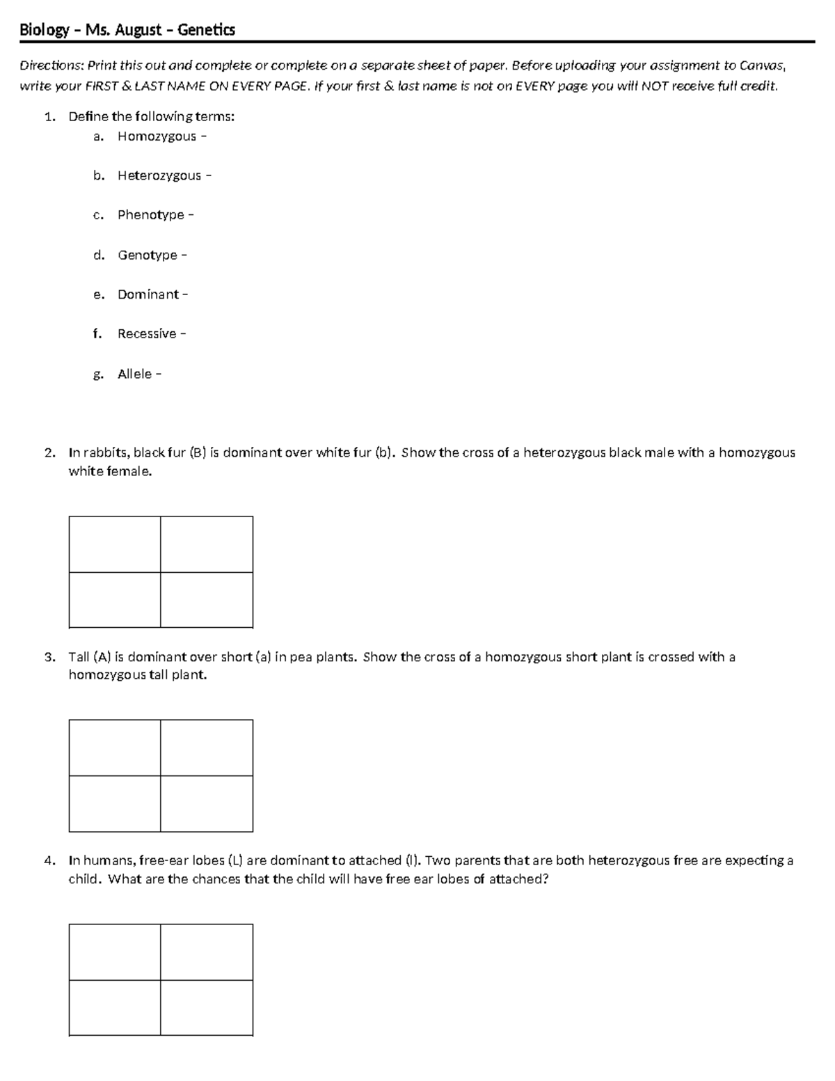 Biology+punnett+square+worksheet - Biology – Ms. August – Genetics ...