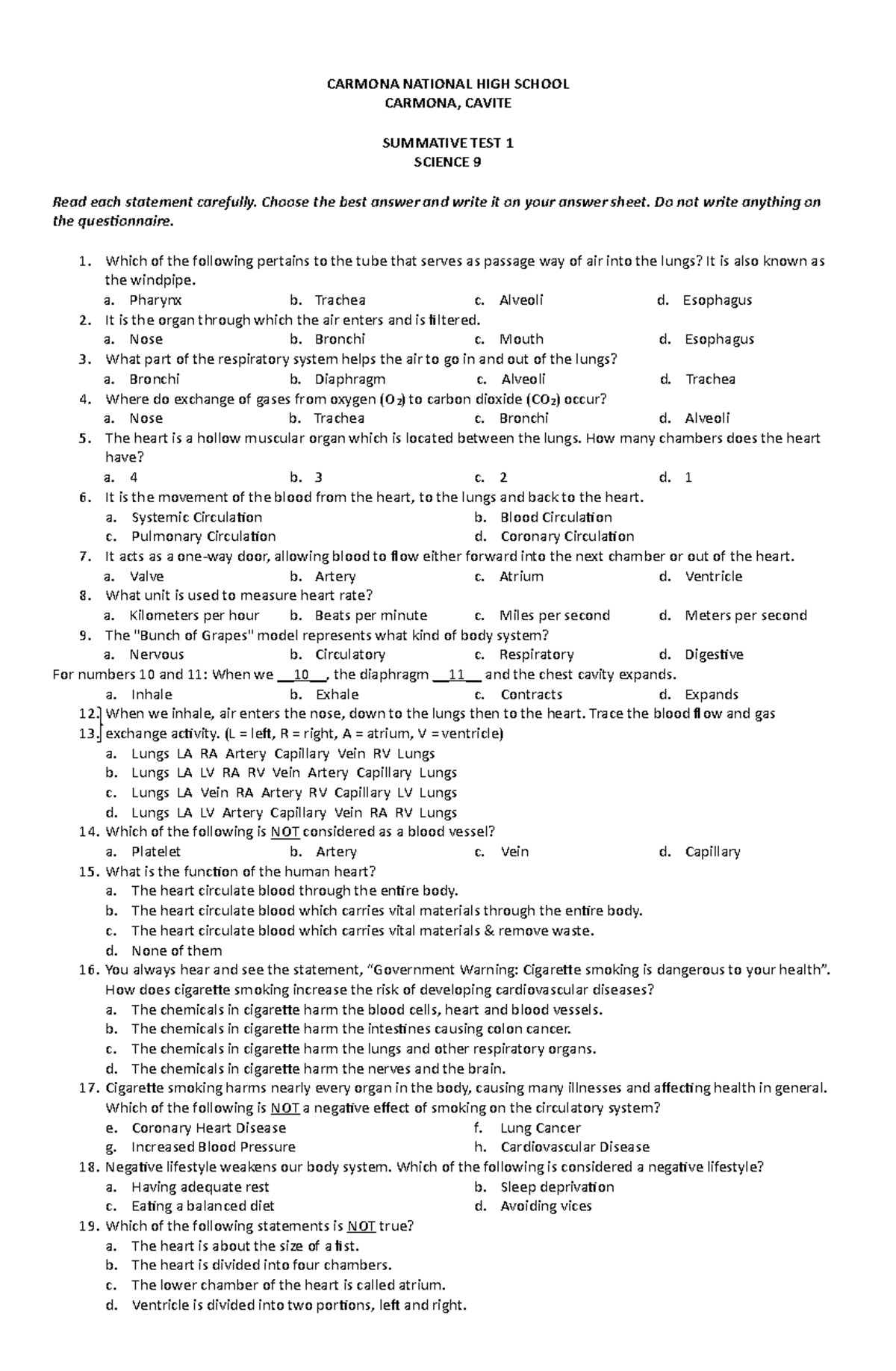 ST1 test questions CARMONA NATIONAL HIGH SCHOOL CARMONA, CAVITE