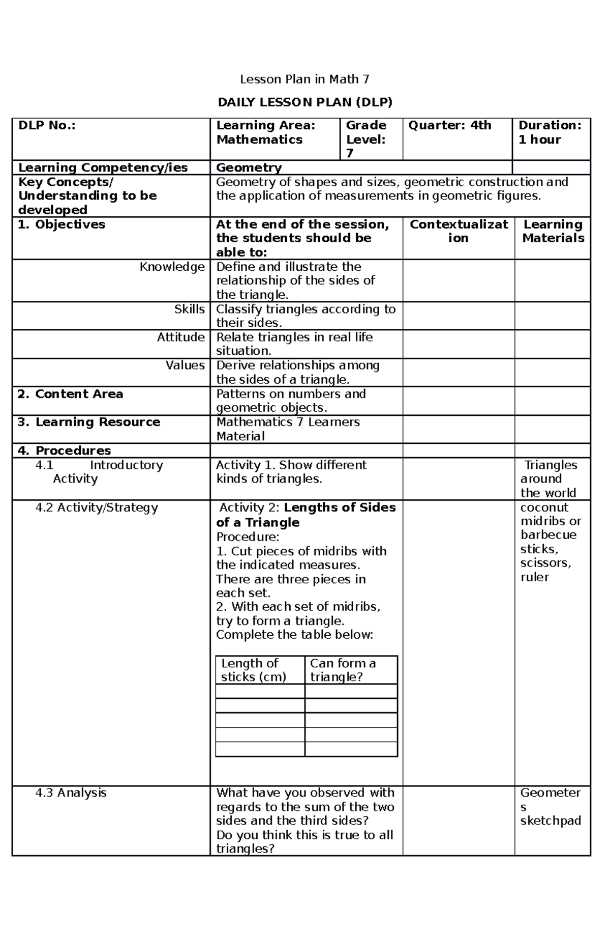 Lesson Plan - : Learning Area: Mathematics Grade Level: 7 Quarter: 4th ...