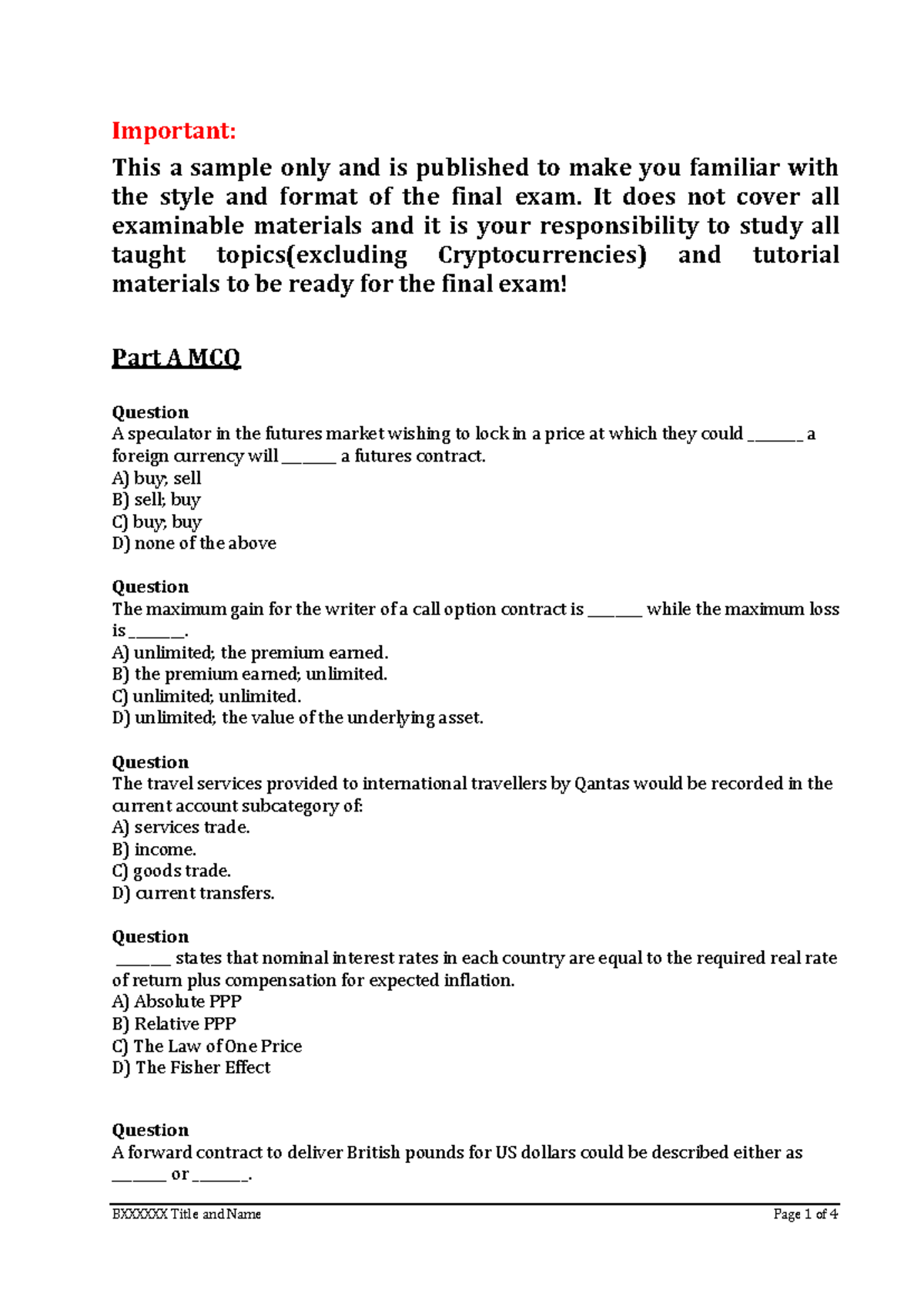 Exam 2018, questions - Important: This a sample only and is published ...