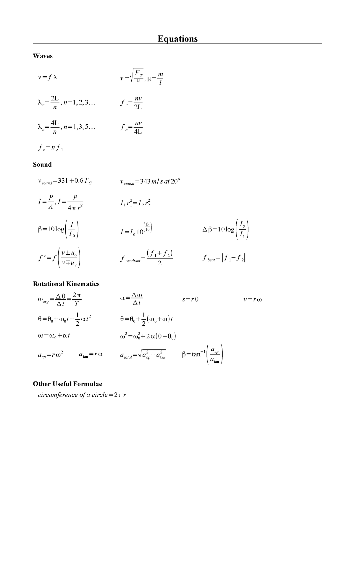 Quiz 2 - Formula Sheet - Equations Waves v=f v=√FμT,μ=m l λn=2L n ,n=1 ...