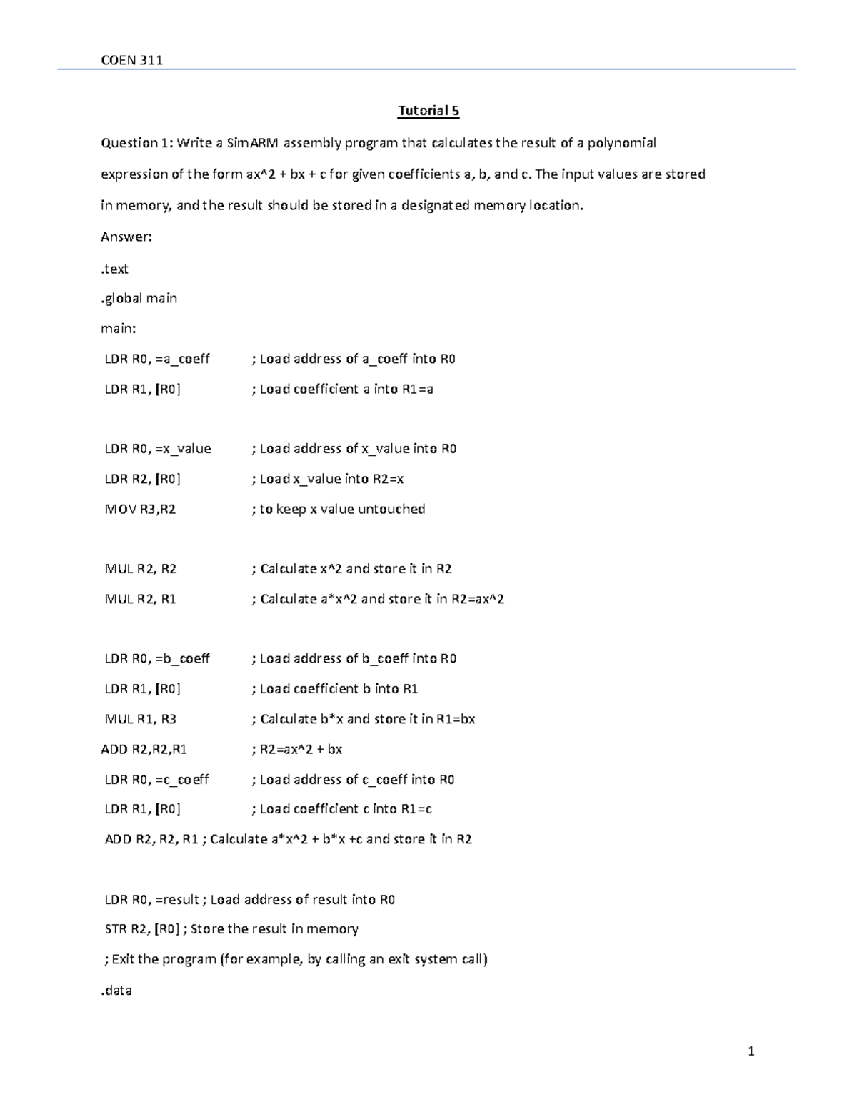 Tutorial 5 - notes - Tutorial 5 Question 1: Write a SimARM assembly ...