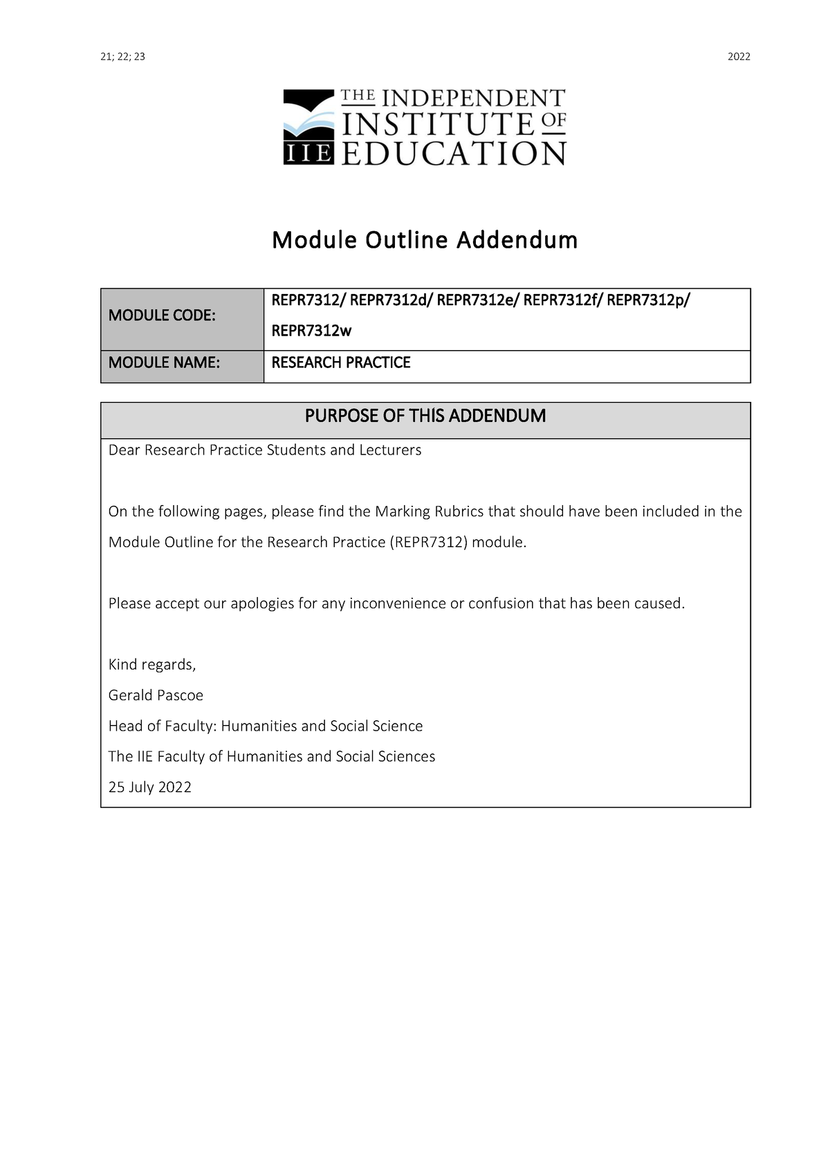 REPR7312 MO Addendum - Module Outline Addendum MODULE CODE: REPR73 12 ...