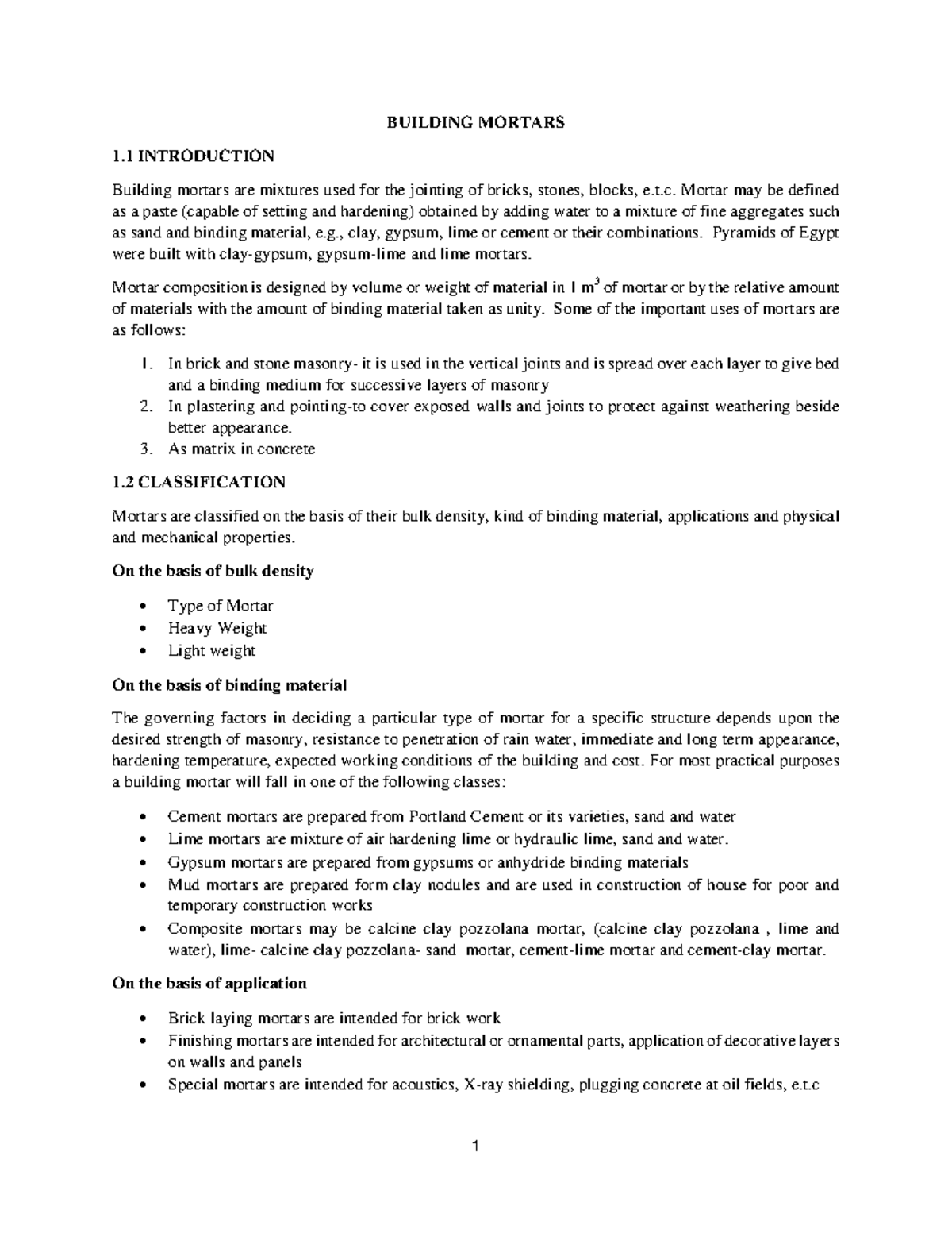 Mortar - Lecture notes 6 - BUILDING MORTARS 1 INTRODUCTION Building ...