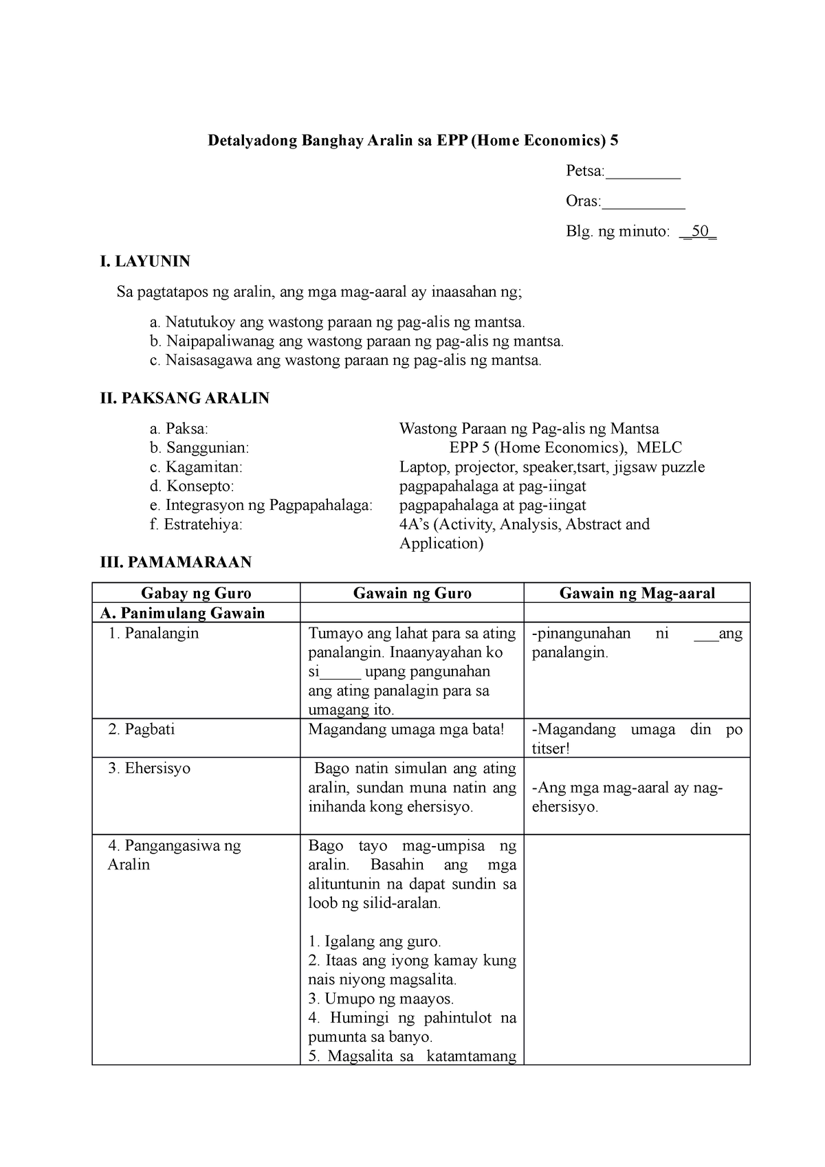 Lesson Plan In EPP - Detalyadong Banghay Aralin Sa EPP (Home Economics ...