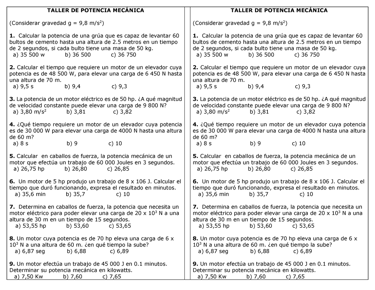 Taller Potencia Mecanica Taller De Potencia Mecnica Considerar