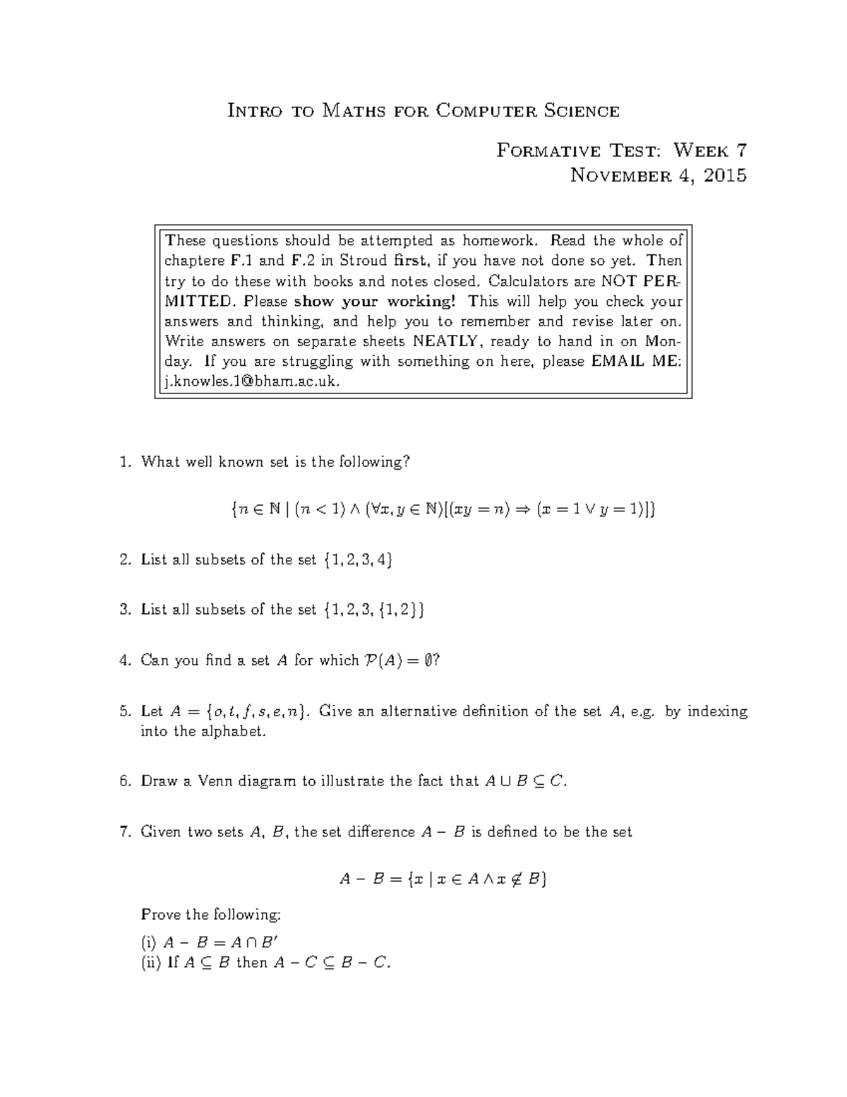 Formative week 07 - Intro to Maths for Computer Science Formative Test ...