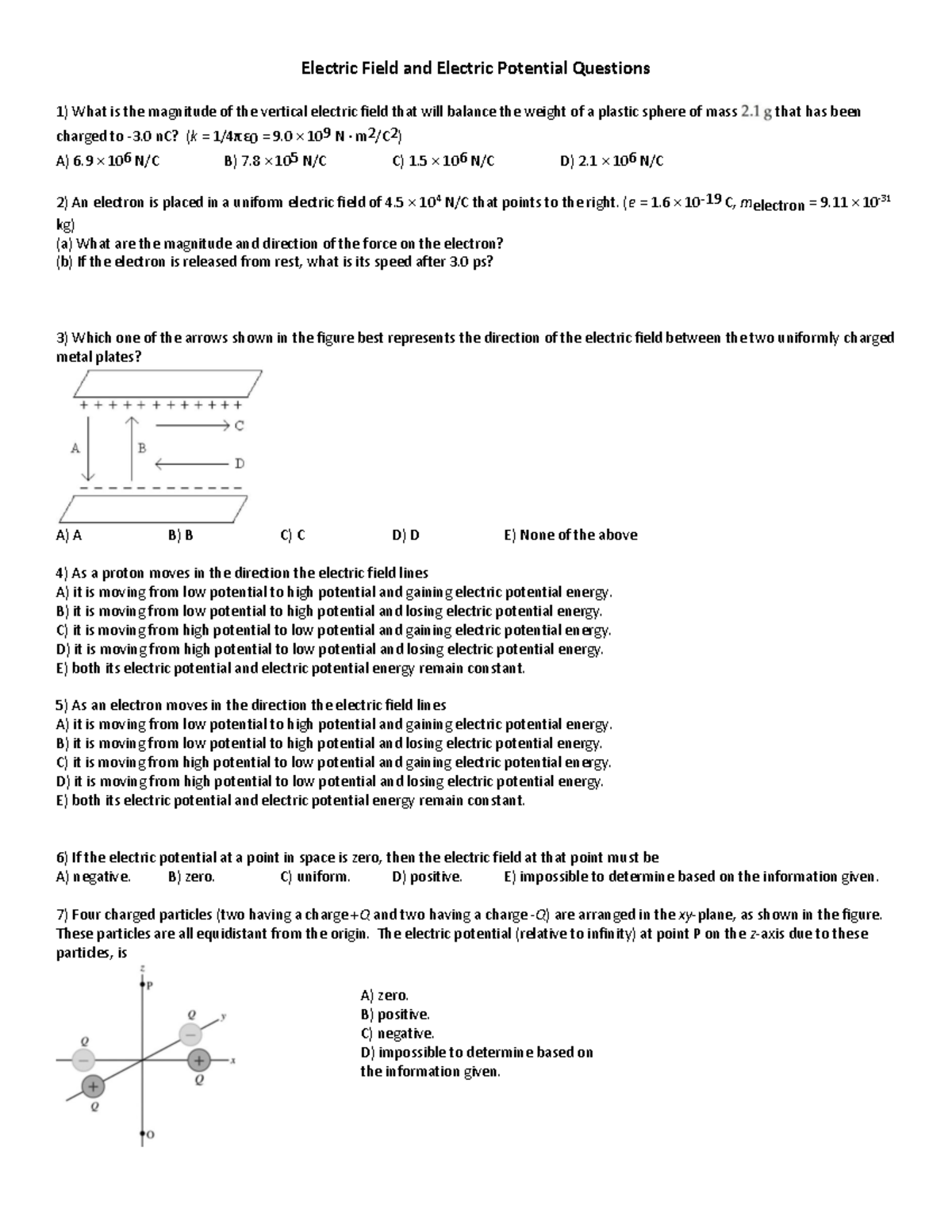 Phys 1402 Electric Field and Electric Potential Questions - Electric ...