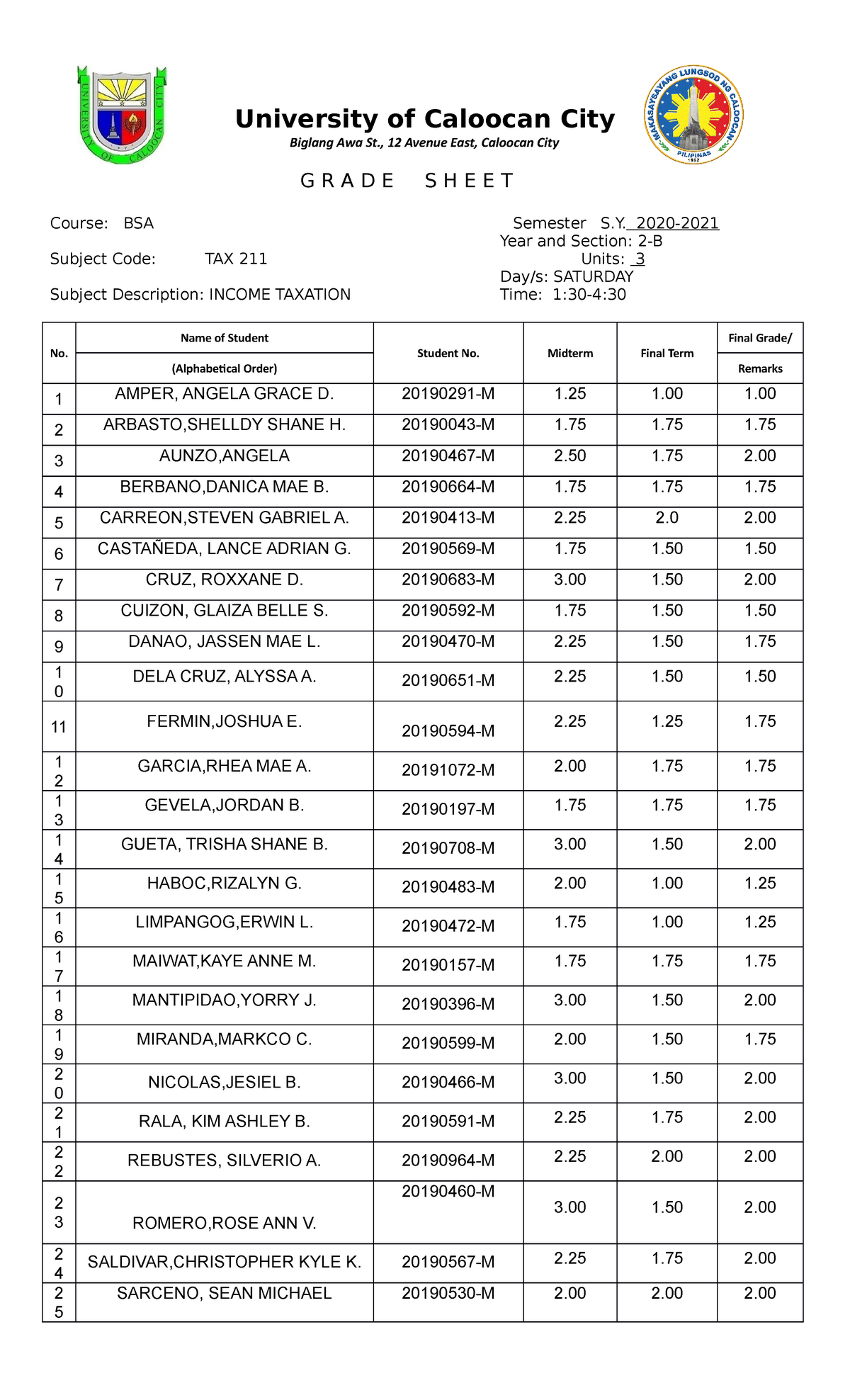 Grading-Sheet-BSA2B - University Of Caloocan City Biglang Awa St., 12 ...