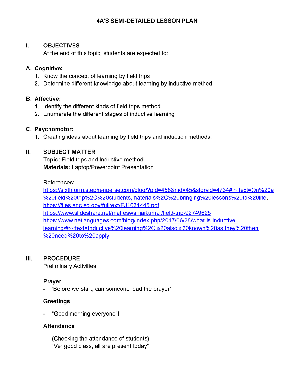 4As Lesson Plan On Teaching Science 4A S SEMI DETAILED LESSON PLAN I 