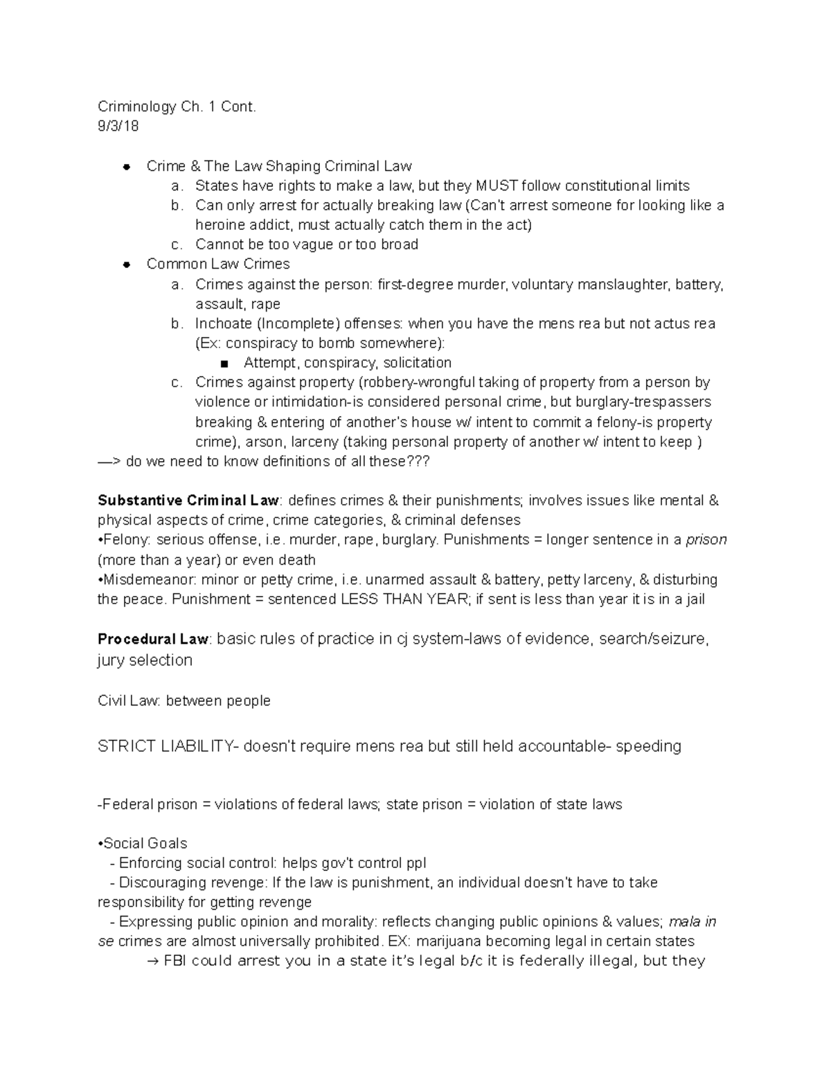 Criminology Ch 1 - Lecture Notes 1 - Criminology Ch. 1 Cont. 9/3/ Crime ...