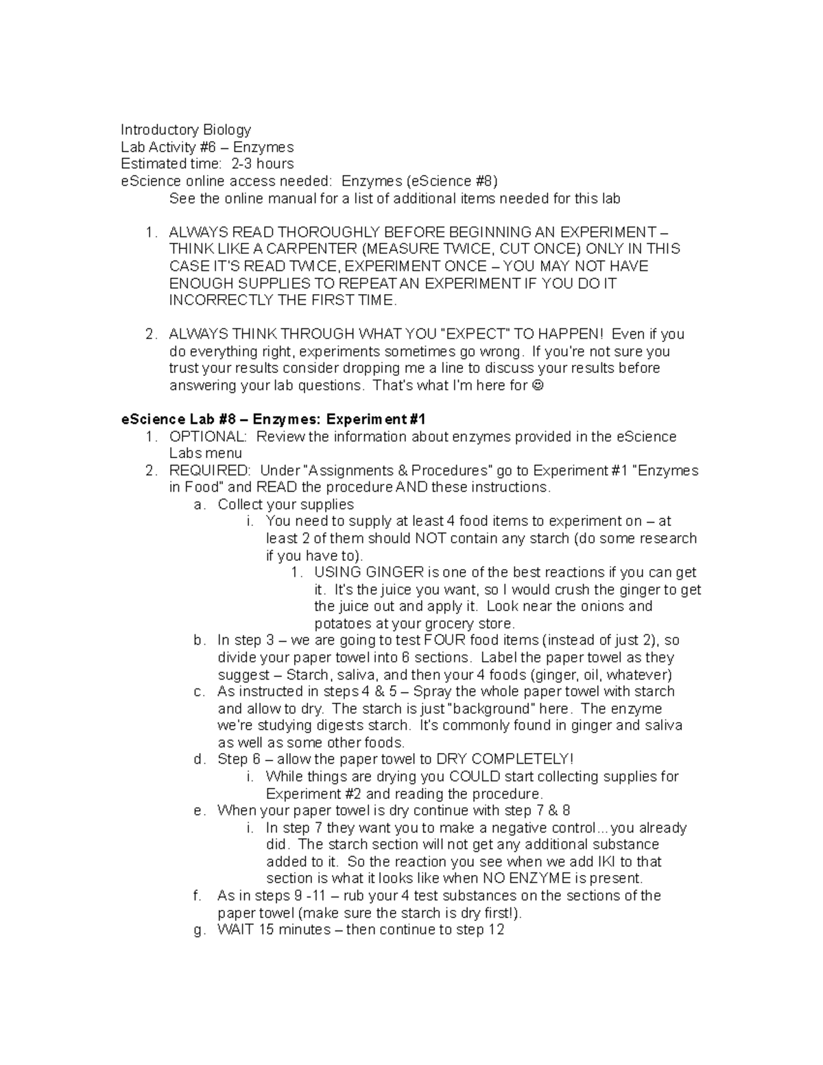 IB LAB 06 Enzymes Lab 6 Introductory Biology Lab Activity 6