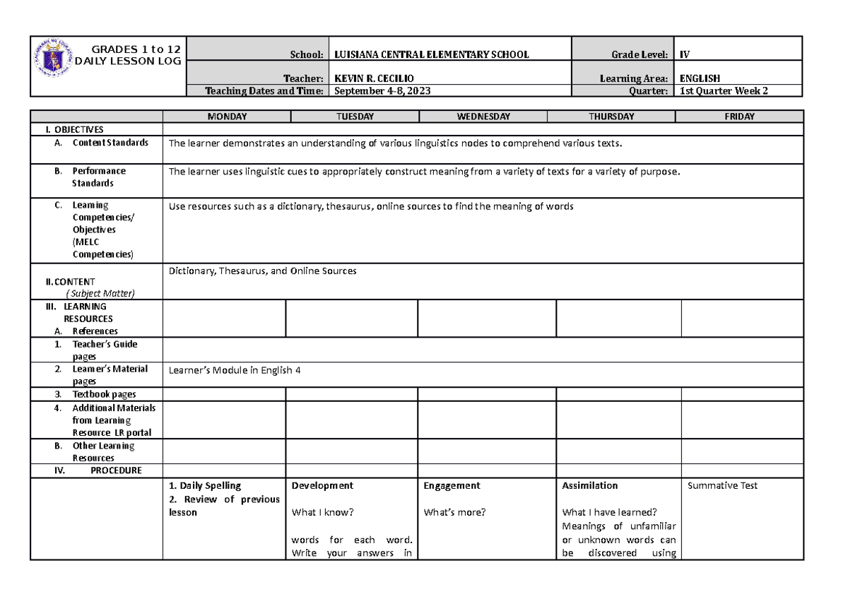 Grade 4 Q1 Week 2 DLLPivot GRADES 1 to 12 DAILY LESSON LOG School
