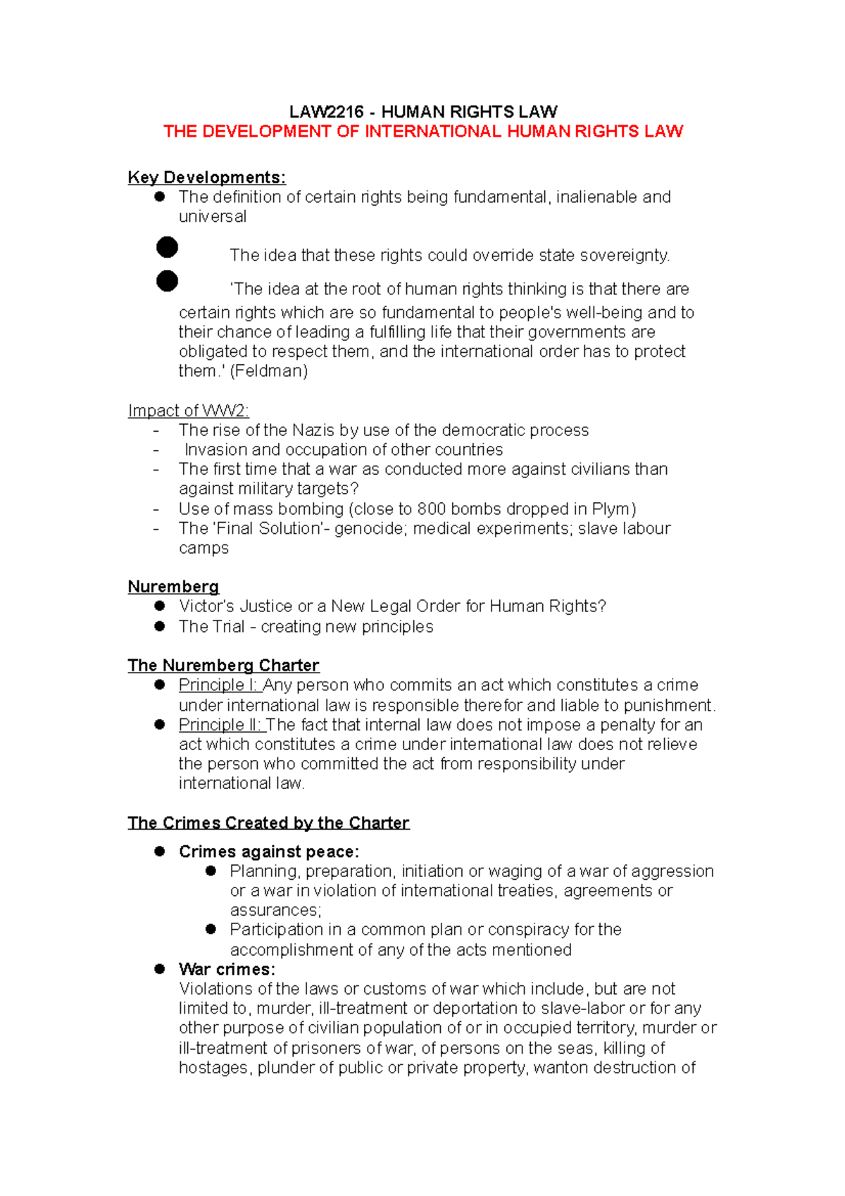 Development of International HR Law - LAW2216 - HUMAN RIGHTS LAW THE ...