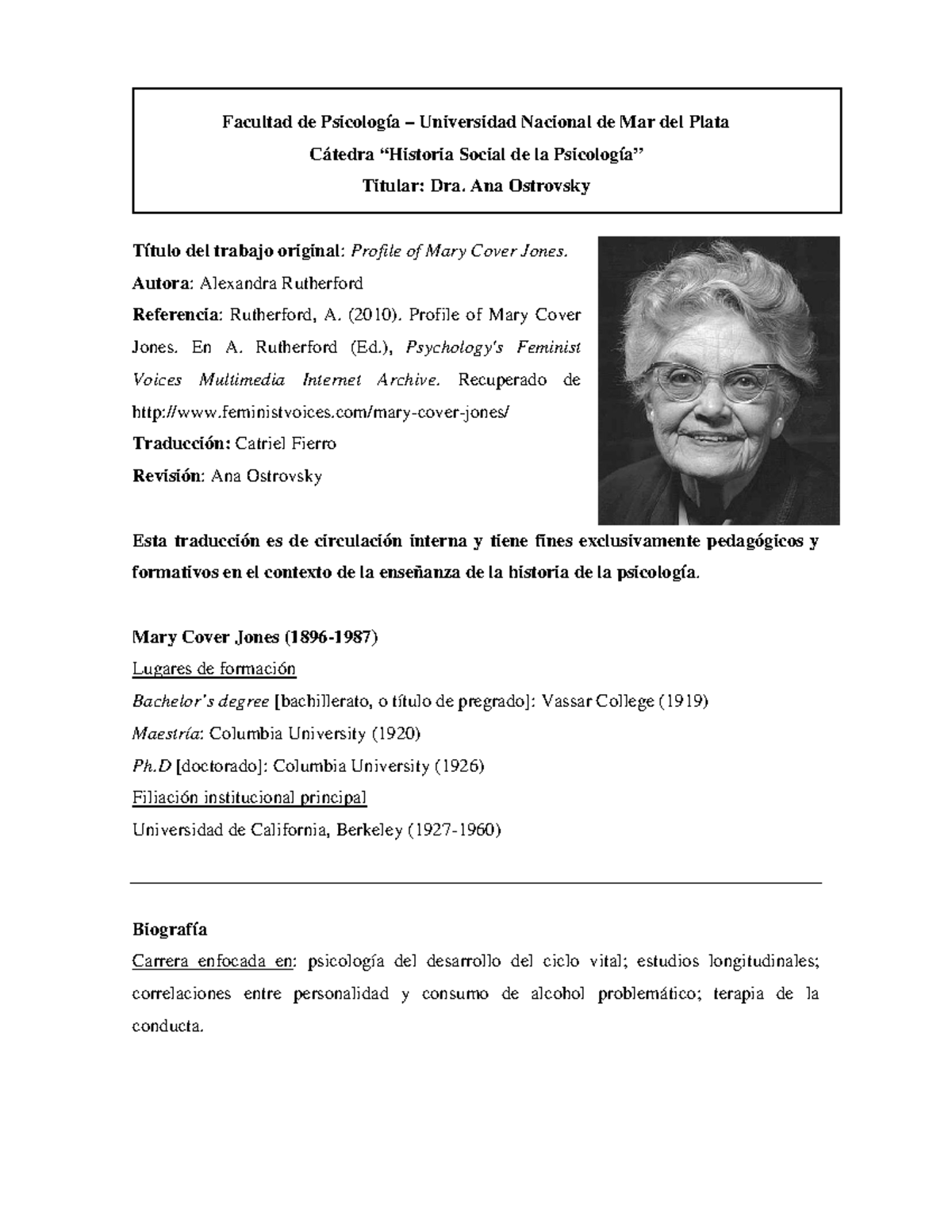 Rutherford Mary Cover Jones Facultad de Psicología Universidad