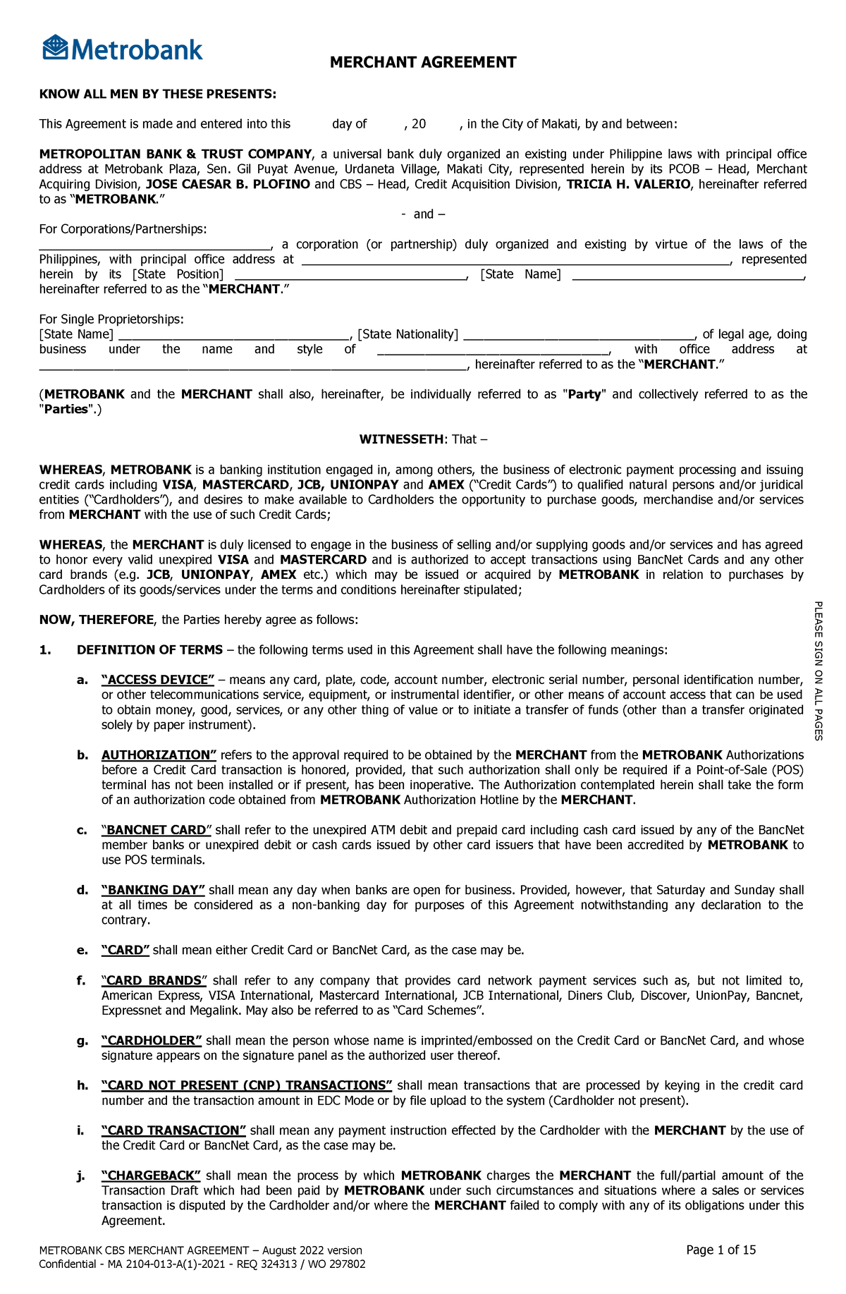 1. Merchant Agreement v August 2022 - METROBANK CBS MERCHANT AGREEMENT ...