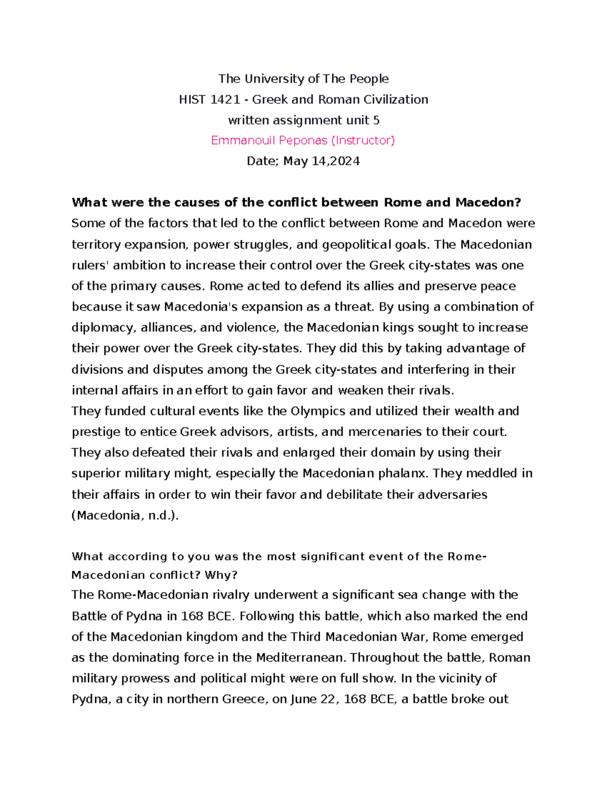 HIST 1421 - Greek and Roman Civilization Written Assignment Unit 5 ...