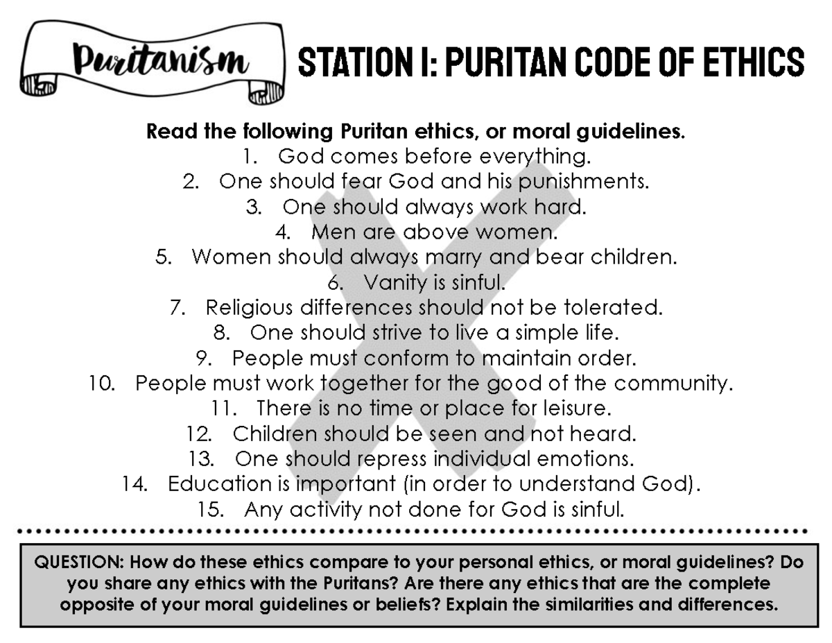 Puritanism Introduction Learning Stations - Read The Following Puritan 