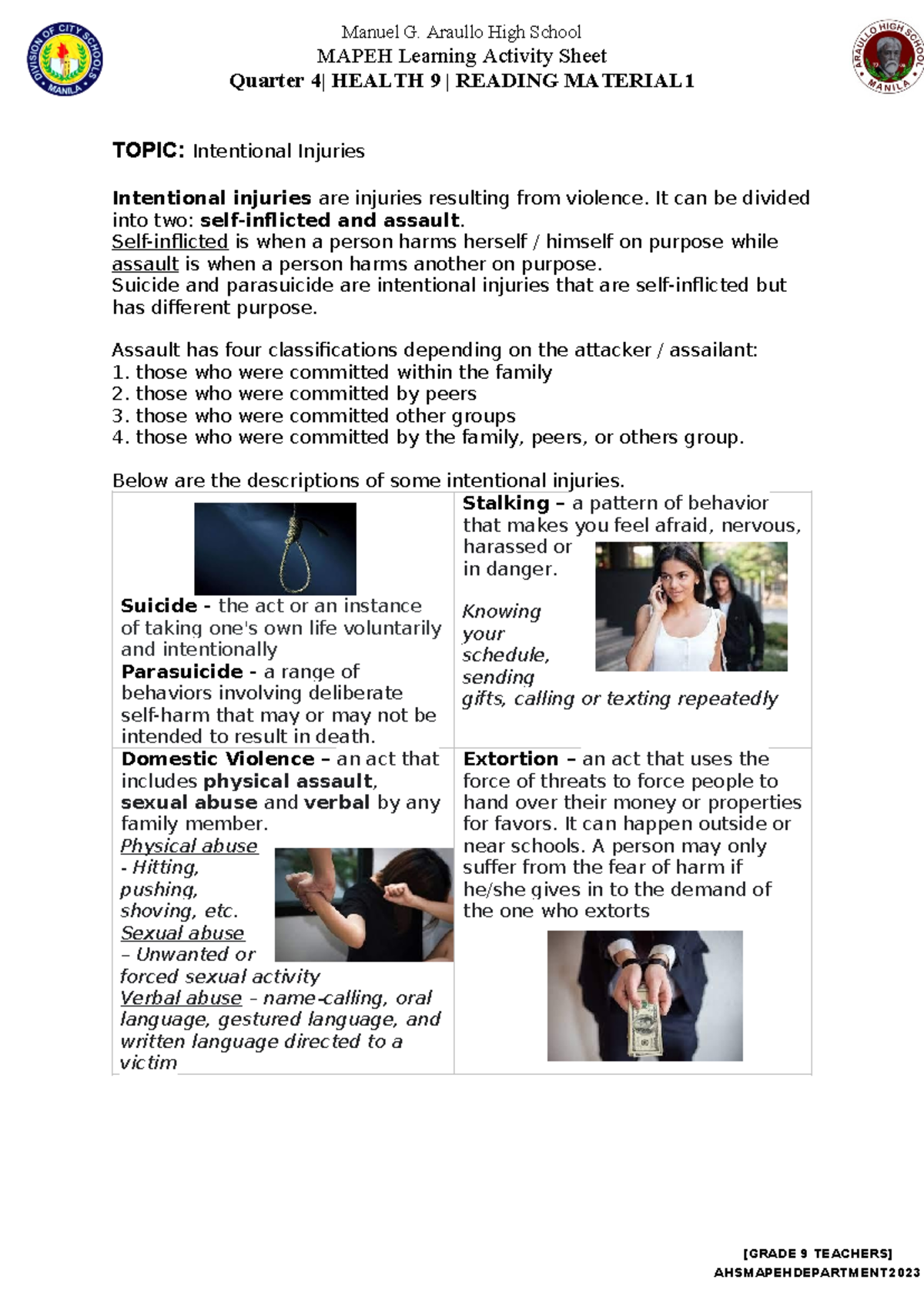 Q4-RM Health Intentional- Injuries - [GRADE 9 TEACHERS ...