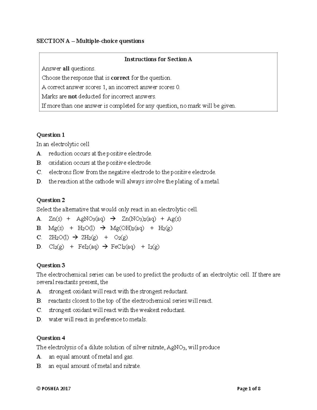 Electrolysis Test - SECTION A – Multiple-choice Questions Question 1 In ...