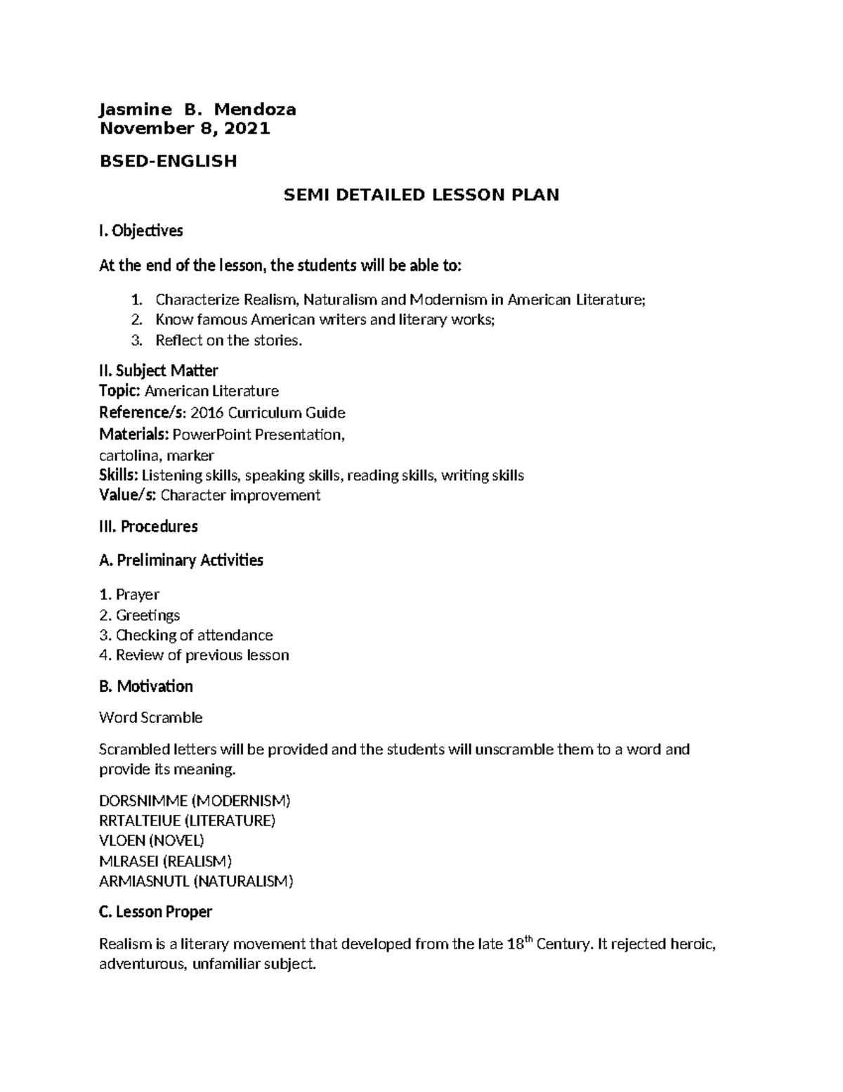 Semi Detailed Lesson Plan - Jasmine B. Mendoza November 8, 2021 BSED ...