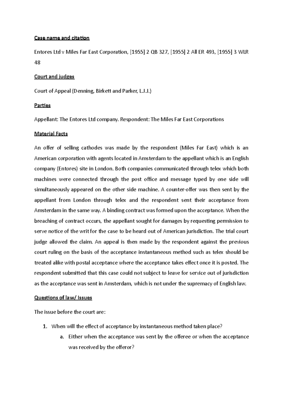 Contract Case Note - Case note - Case name and citation Entores Ltd v ...
