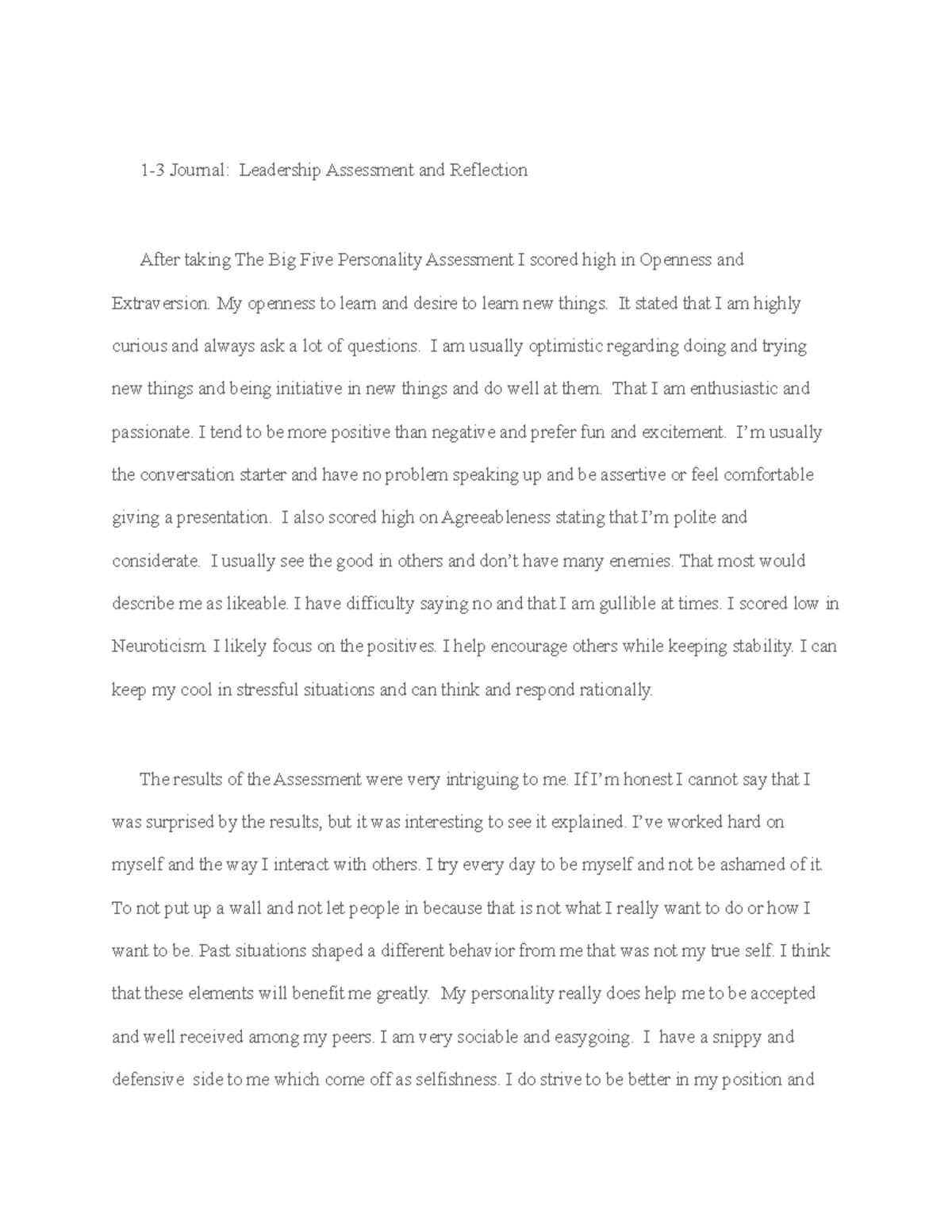 1.3 Journal Leadership Assesment and Reflection - 1-3 Journal ...