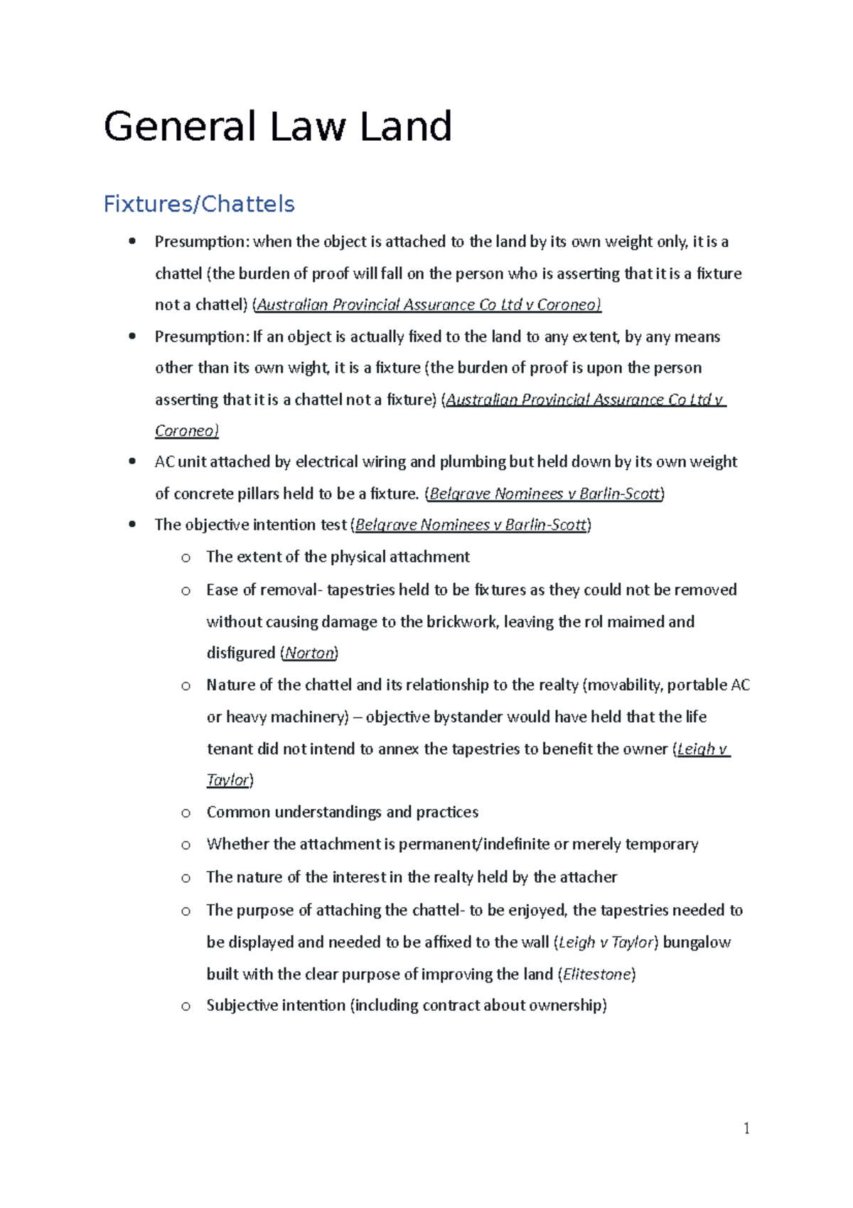 Property Exam Summary General Law Land Fixtures/Chattels Presumption