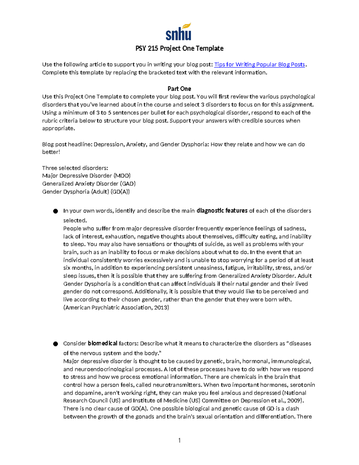 PSY 215 Project One - PSY 215 Project One Template Use the following ...