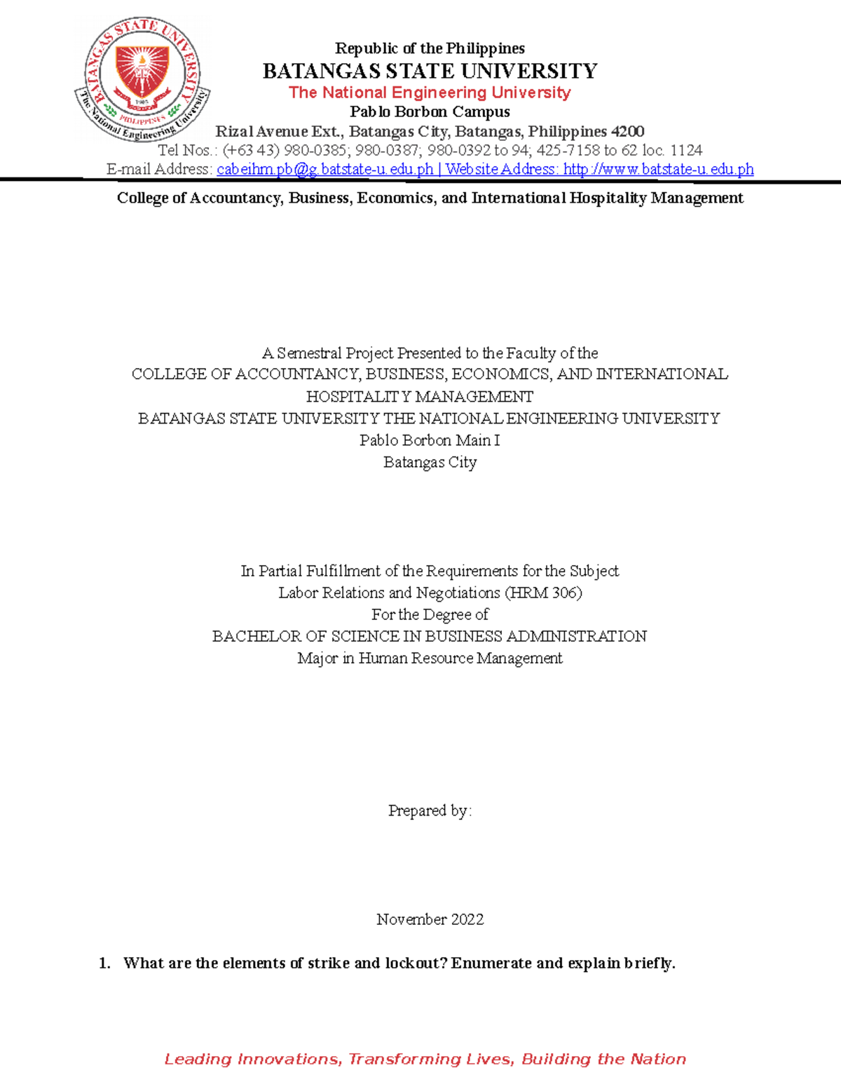 Semestral Project - BATANGAS STATE UNIVERSITY The National Engineering