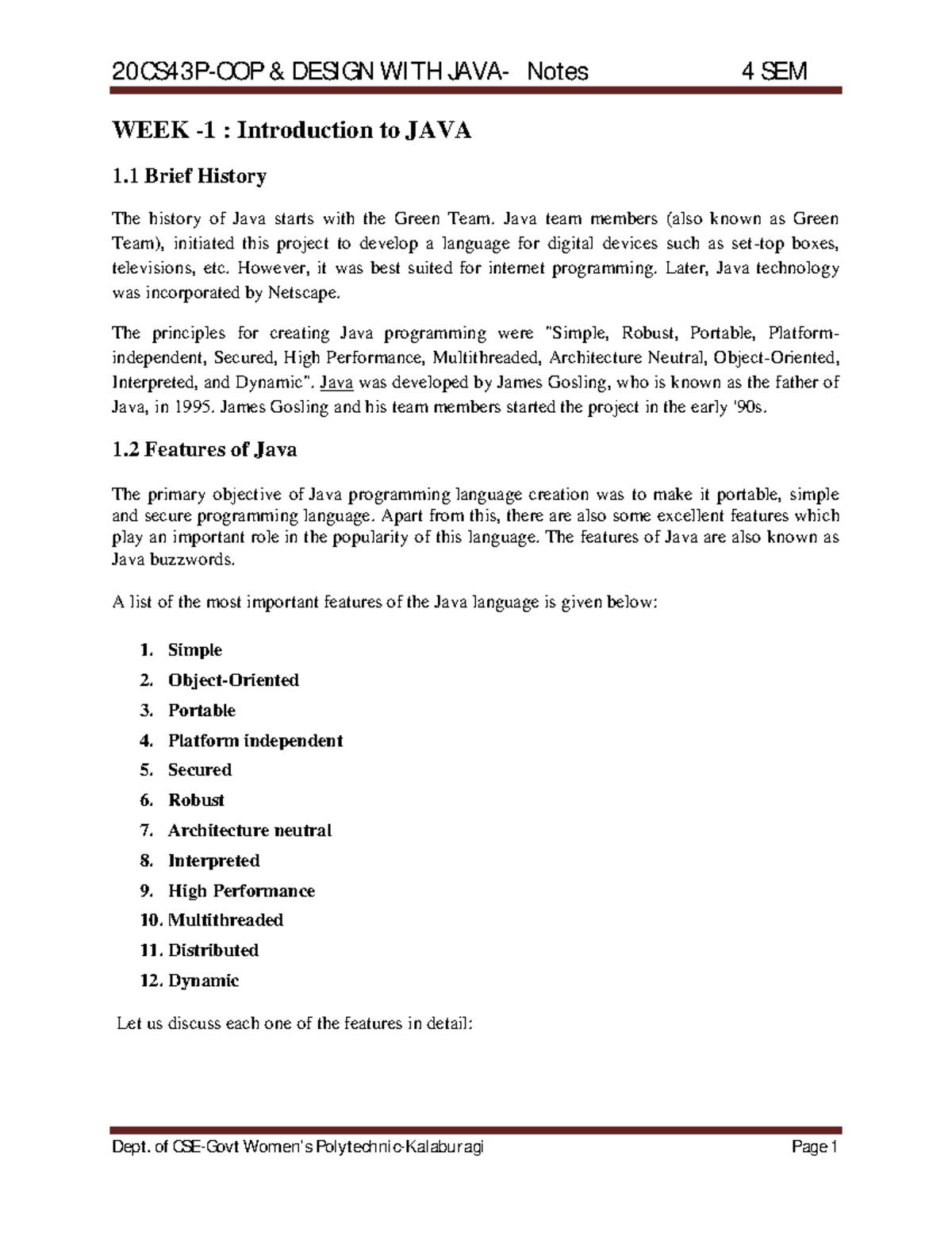 C 20 JAVA Notes Week-1 - WEEK - 1 : Introduction to JAVA 1 Brief ...