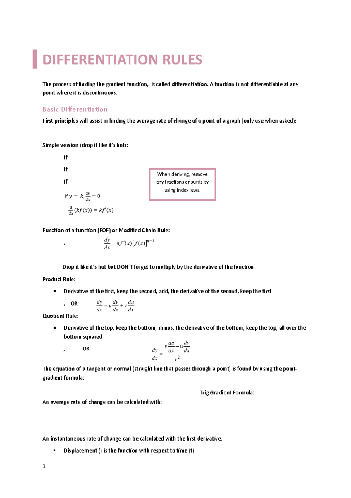 Calculus Rules - Notes - DIFFERENTIATION RULES The process of finding ...