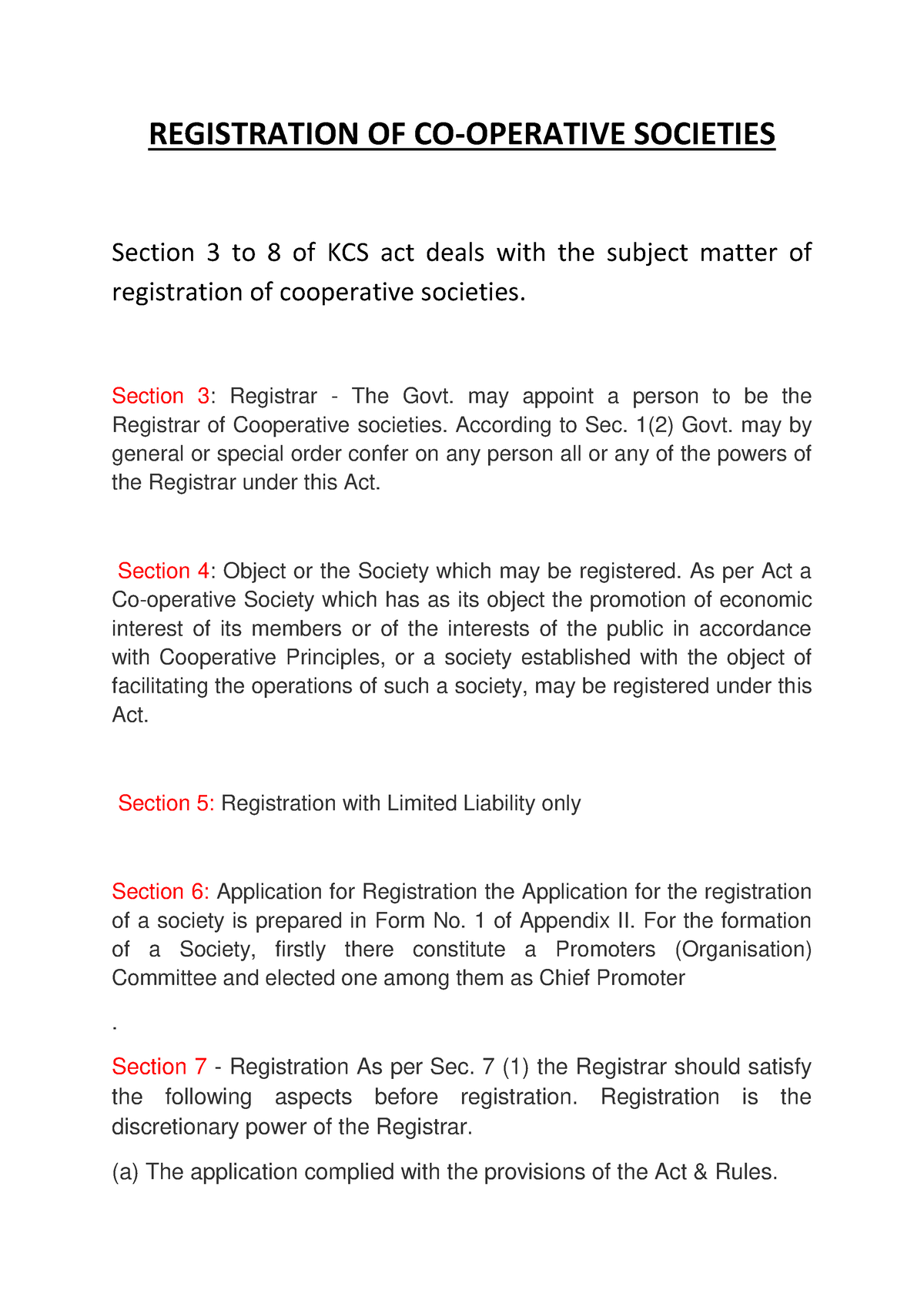 Registration Of Co operative Societies Section 3 Registrar The 